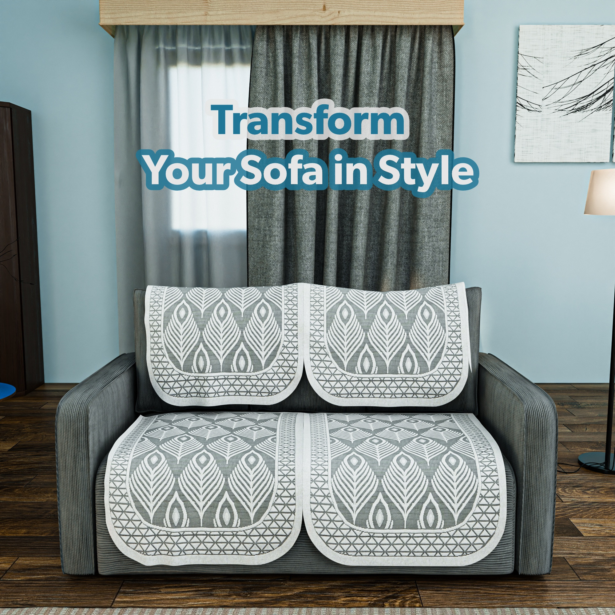 Kuber Industries  Stylish  Durable Net Cotton Sofa Covers   Aesthetic Sofa ProtectorMat  Slipcover for Hall Living Room  Office  Pankh Design - Grey