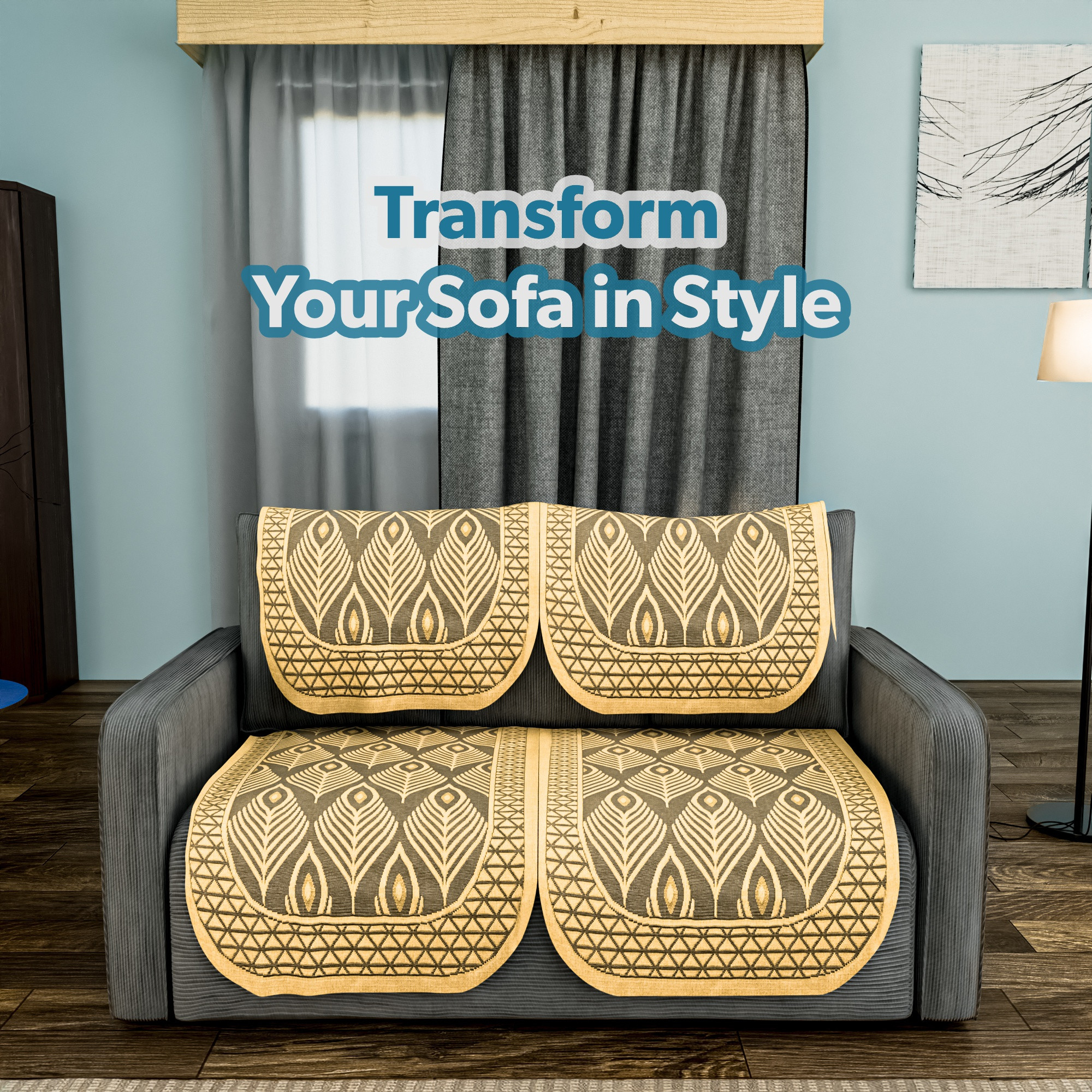 Kuber Industries  Stylish  Durable Net Cotton Sofa Covers   Aesthetic Sofa ProtectorMat  Slipcover for Hall Living Room  Office  Pankh Design - Golden