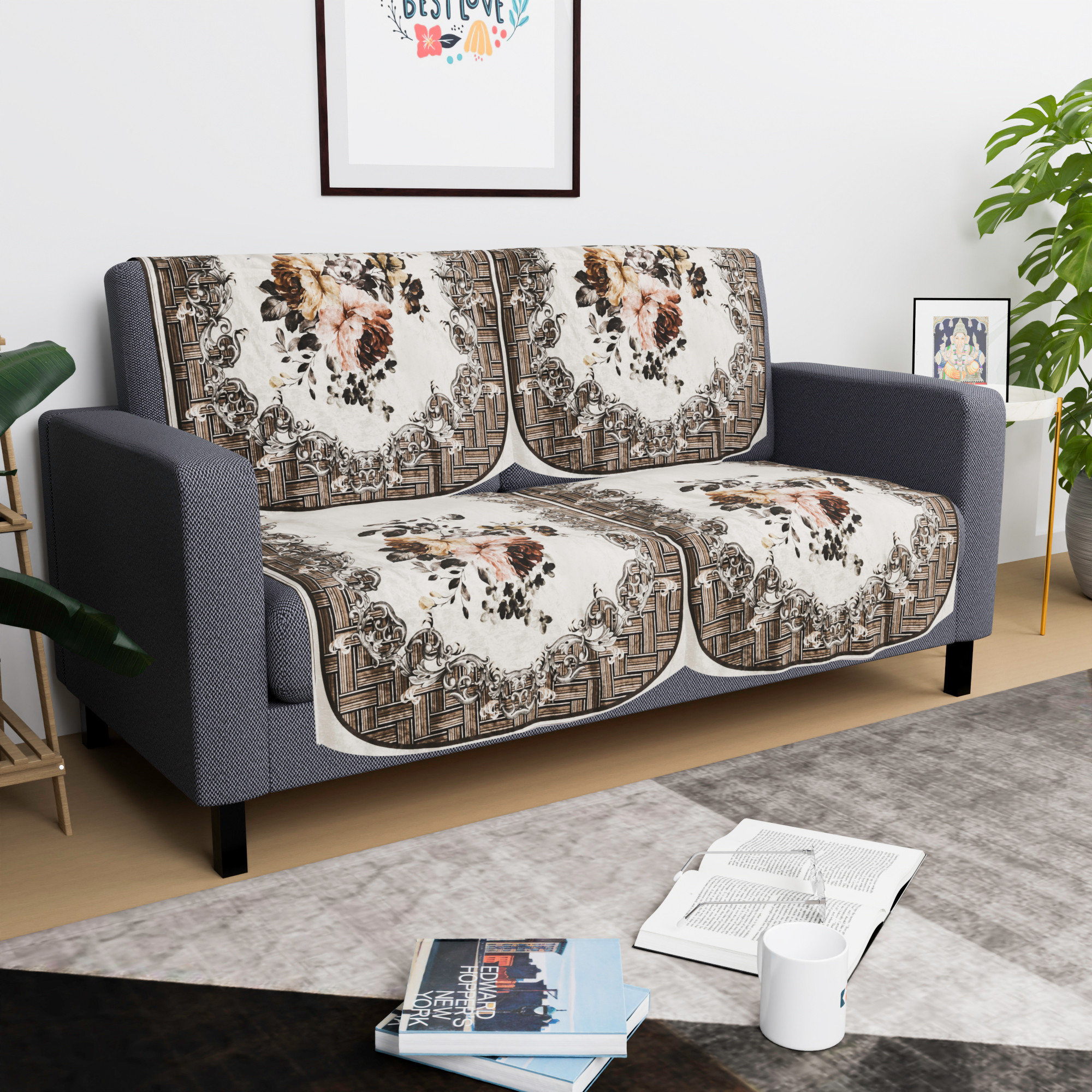 Kuber Industries  Stylish  Durable Velvet Sofa Covers   Washable Sofa ProtectorMat  Slipcover for Hall Living Room  Office  Check Border - Brown