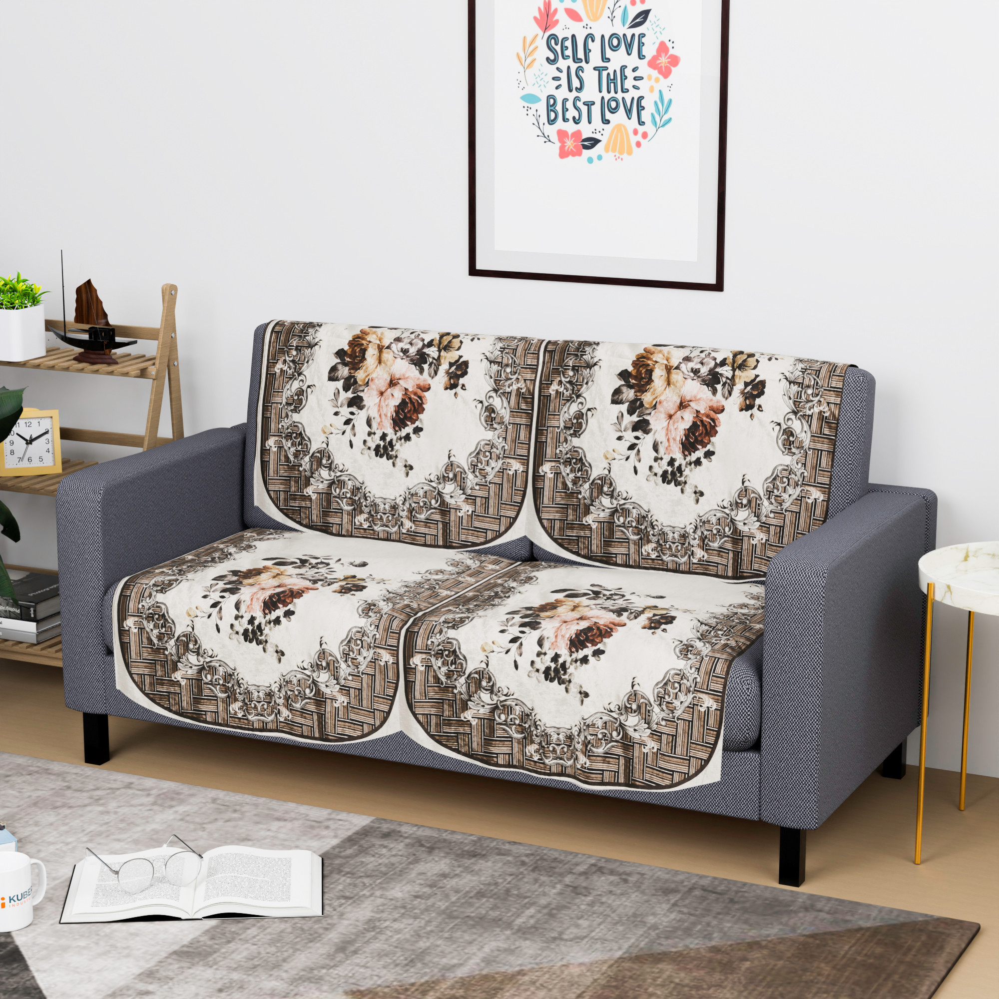 Kuber Industries  Stylish  Durable Velvet Sofa Covers   Washable Sofa ProtectorMat  Slipcover for Hall Living Room  Office  Check Border - Brown