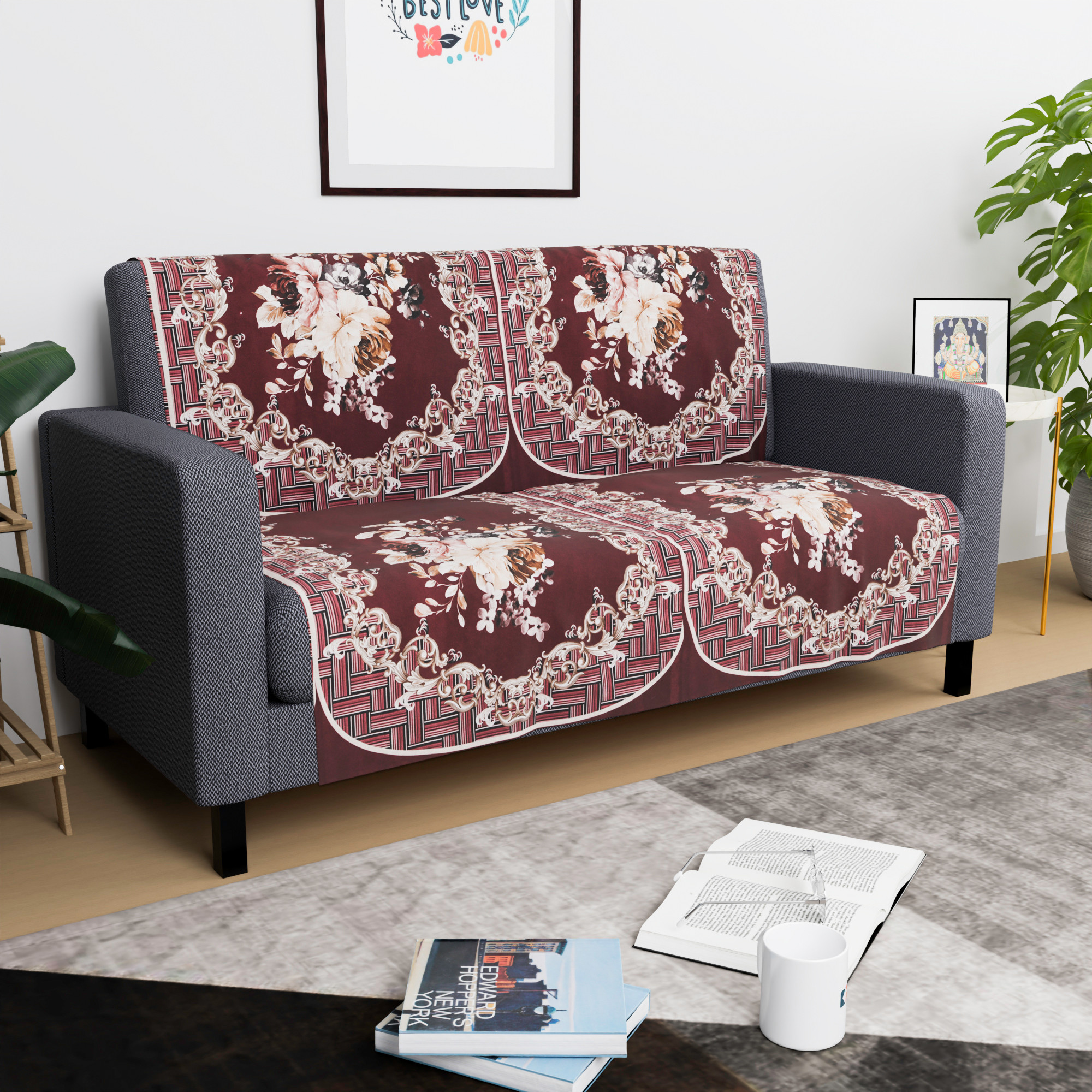 Kuber Industries  Stylish  Durable Velvet Sofa Covers   Washable Sofa ProtectorMat  Slipcover for Hall Living Room  Office  Check Border - Maroon