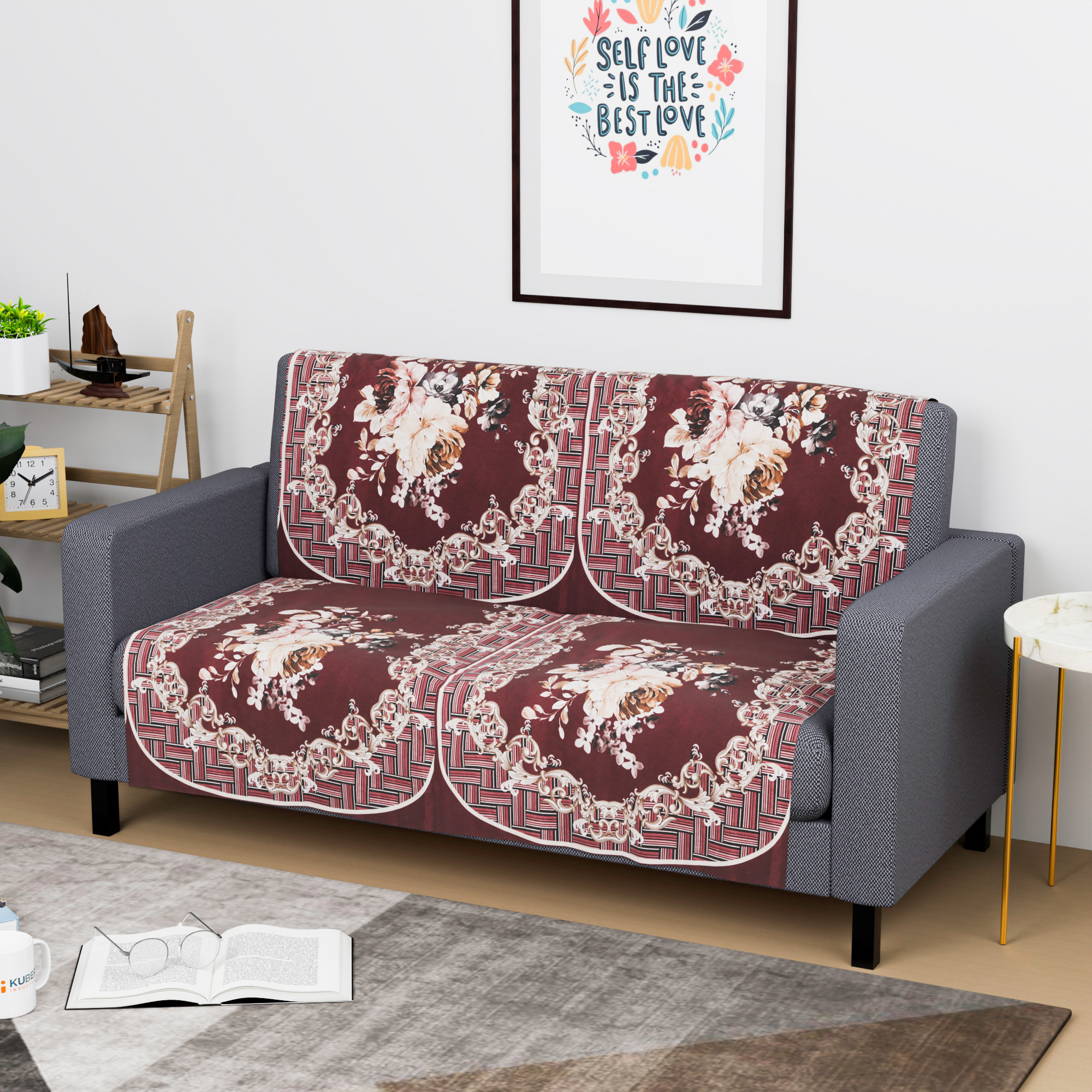 Kuber Industries  Stylish  Durable Velvet Sofa Covers   Washable Sofa ProtectorMat  Slipcover for Hall Living Room  Office  Check Border - Maroon