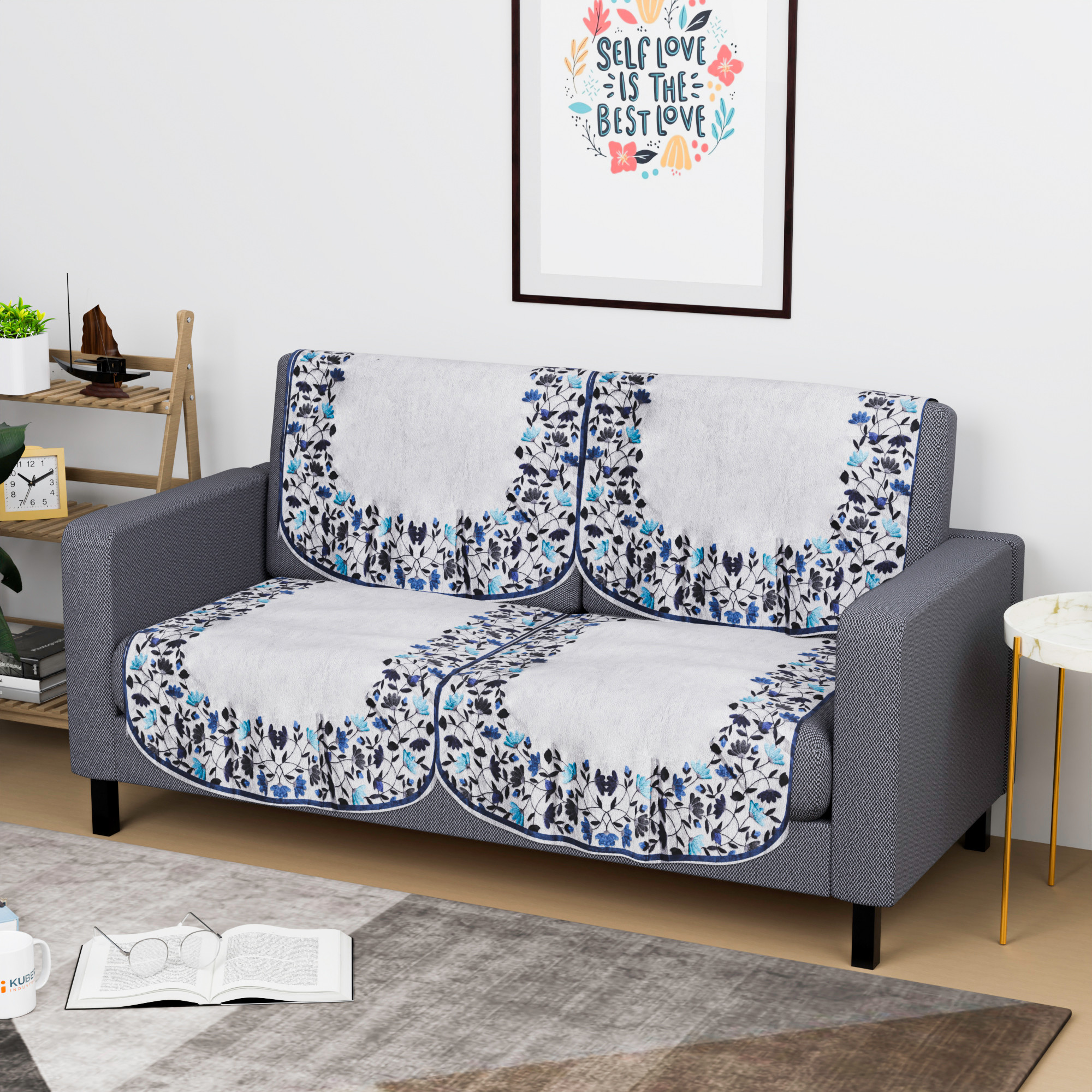 Kuber Industries  Stylish  Durable Velvet Sofa Covers   Washable Sofa ProtectorMat  Slipcover for Hall Living Room  Office  Digital Leaf Print - Blue  Grey