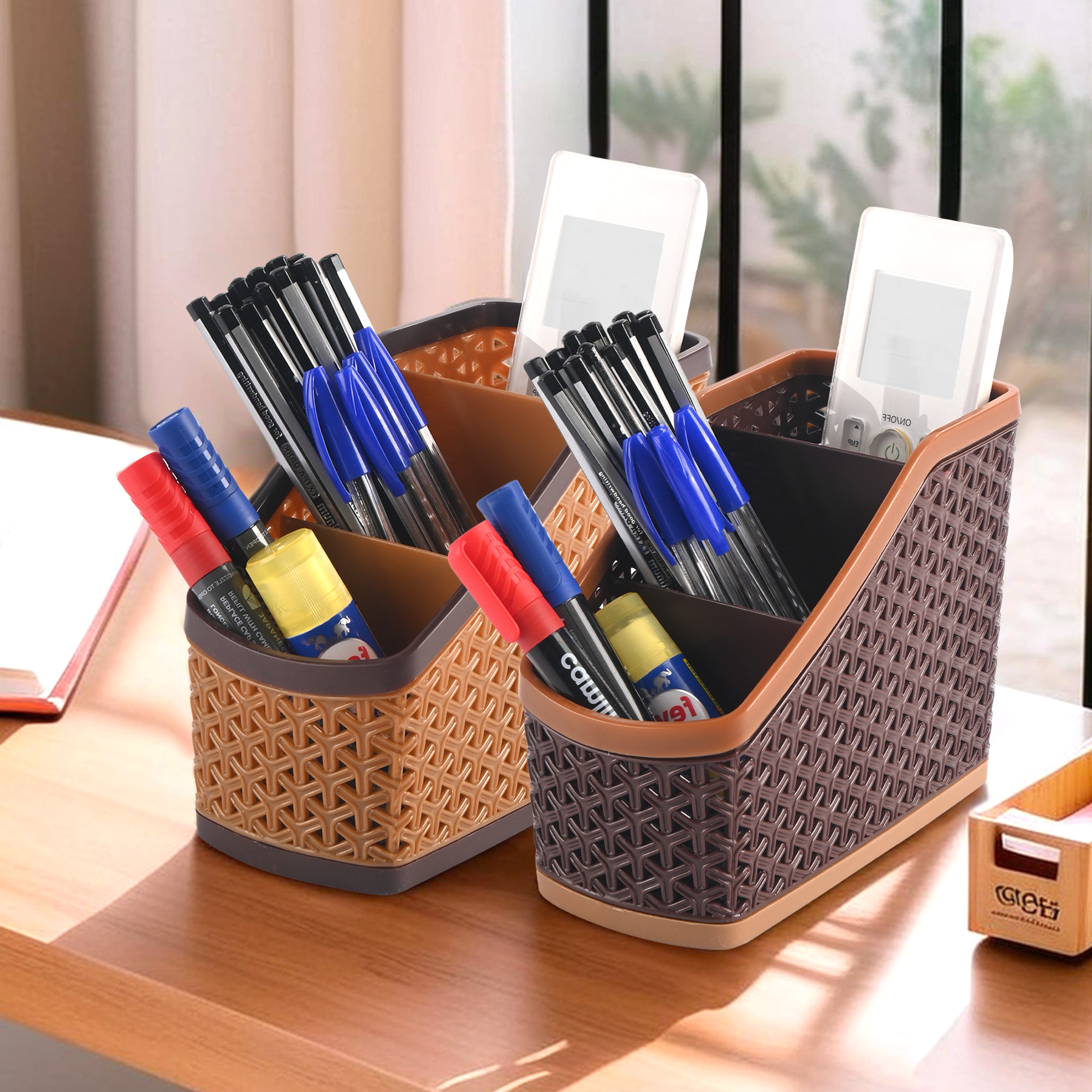 Kuber Industries  Stylish Plastic 3-Compartment Pen Holder for Office Table  Durable Pen Stand for Study Table - Versatile Stationery Organizer for Home School  Office Use  Brown