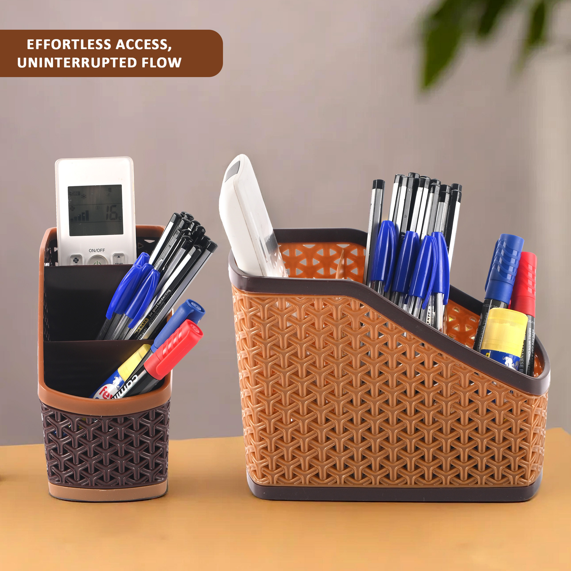 Kuber Industries  Stylish Plastic 3-Compartment Pen Holder for Office Table  Durable Pen Stand for Study Table - Versatile Stationery Organizer for Home School  Office Use  Brown