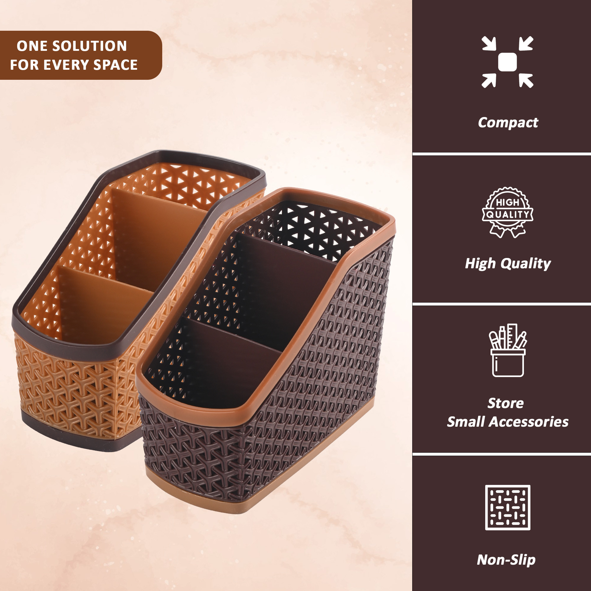 Kuber Industries  Stylish Plastic 3-Compartment Pen Holder for Office Table  Durable Pen Stand for Study Table - Versatile Stationery Organizer for Home School  Office Use  Brown