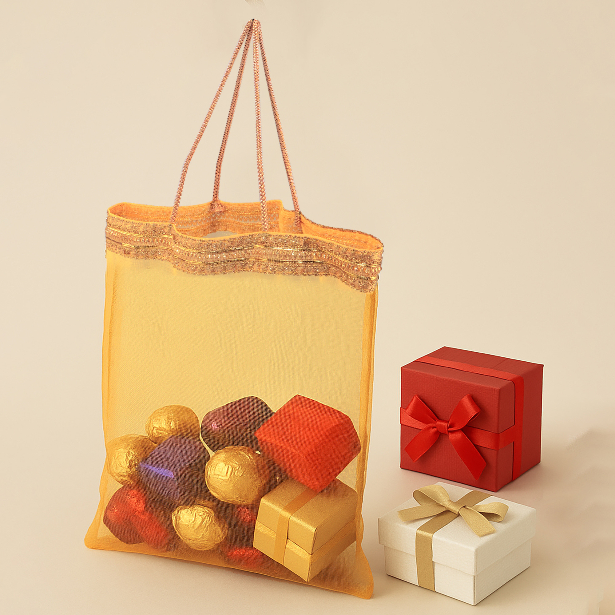 Kuber Industries  Tissue Organza Fabric 12x16 Inch Potli Bags for Ladies  Girls  Potli Bags for Return Gifting  Shagun Wedding  Party Handbags for Festive Seasons  Gota Work - Yellow