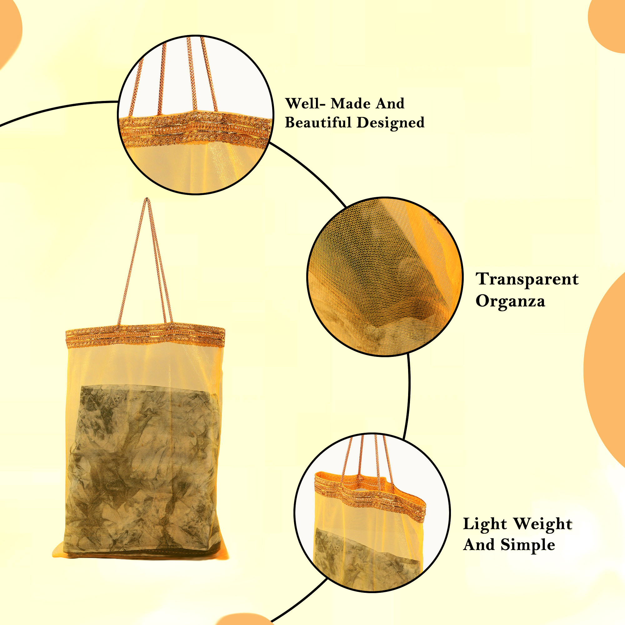 Kuber Industries  Tissue Organza Fabric 12x16 Inch Potli Bags for Ladies  Girls  Potli Bags for Return Gifting  Shagun Wedding  Party Handbags for Festive Seasons  Gota Work - Yellow