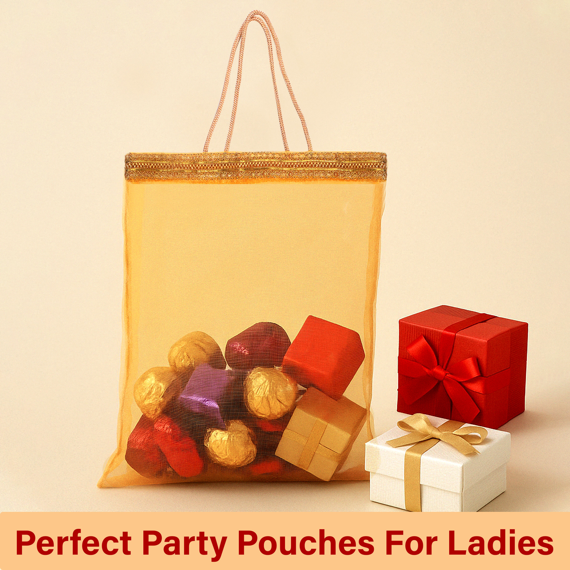 Kuber Industries  Tissue Organza Fabric 12x16 Inch Potli Bags for Ladies  Girls  Potli Bags for Return Gifting  Shagun Wedding  Party Handbags for Festive Seasons  Gota Work - Yellow