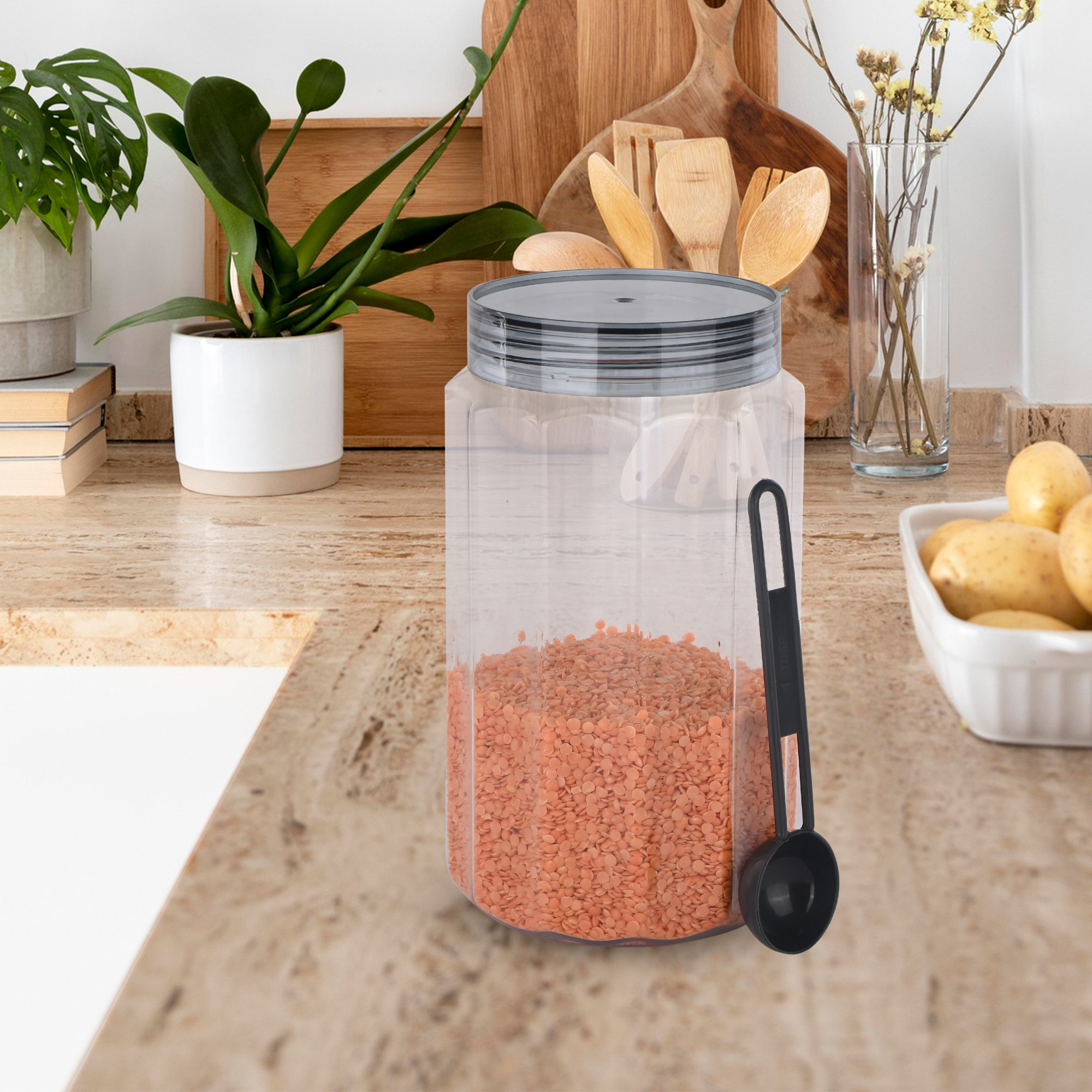 Kuber Industries  Transparent 1800 ml Plastic Kitchen Storage Box with Spoons  Durable Storage Containers for Kitchen - Ideal for Snacks Spices  Dry Fruits  Grey Transparent