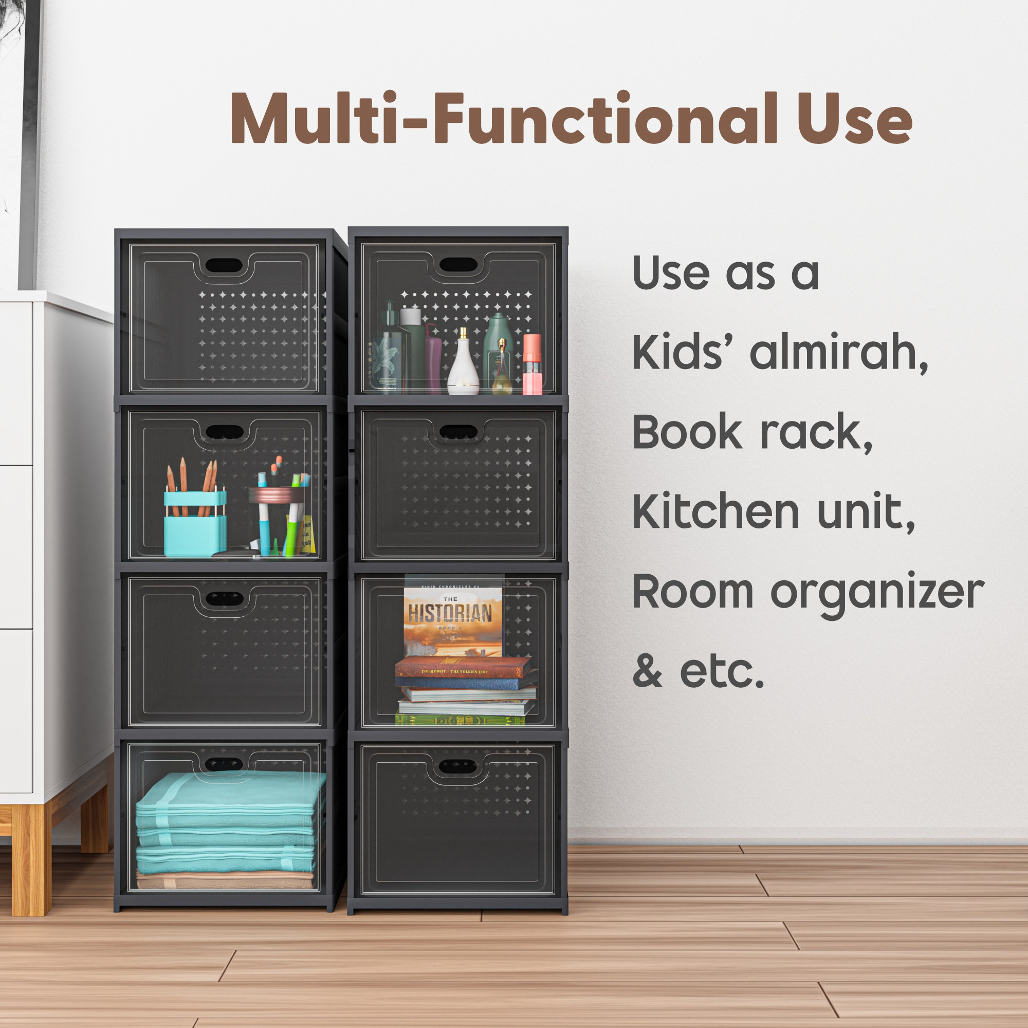 Kuber Industries  Transparent Plastic Collapsible Space Saving ClosetCabinet  Makeup Cosmetics Books  Stationary Organizer Storage Boxes for Home OfficeHostelUse  Grey