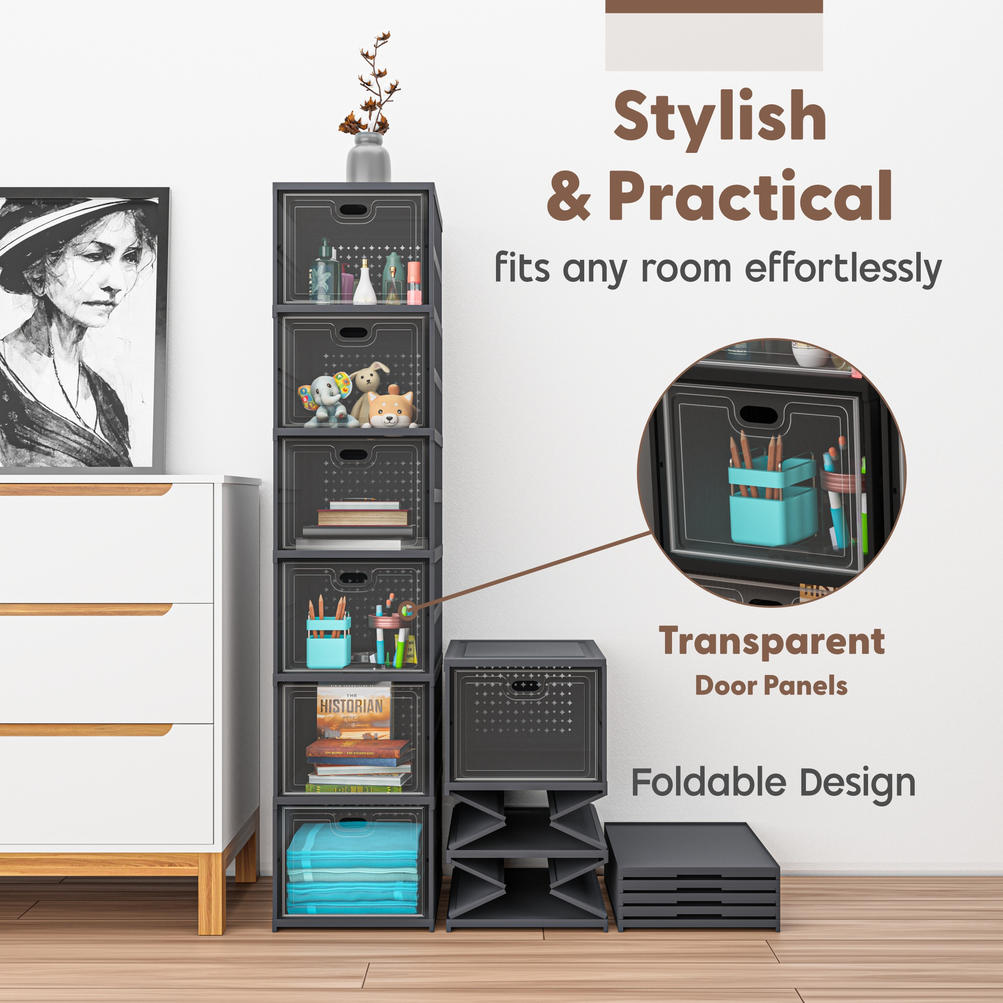 Kuber Industries  Transparent Plastic Collapsible Space Saving ClosetCabinet  Makeup Cosmetics Books  Stationary Organizer Storage Boxes for Home OfficeHostelUse  Grey