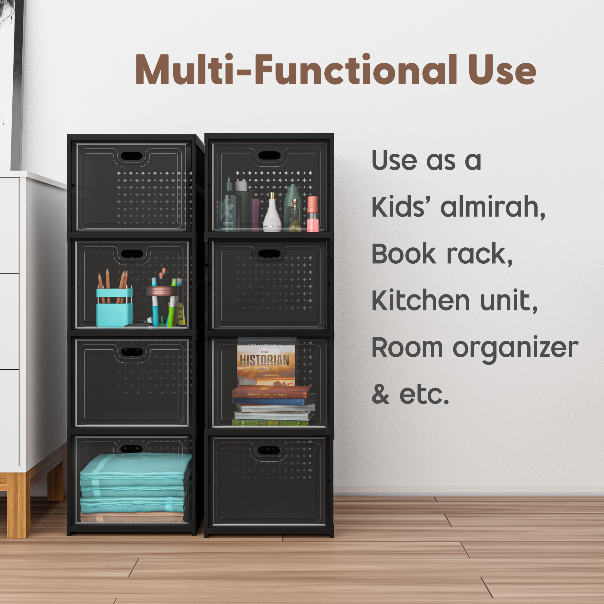 Kuber Industries  Transparent Plastic Collapsible Space Saving ClosetCabinet  Makeup Cosmetics Books  Stationary Organizer Storage Boxes for Home OfficeHostelUse  Black