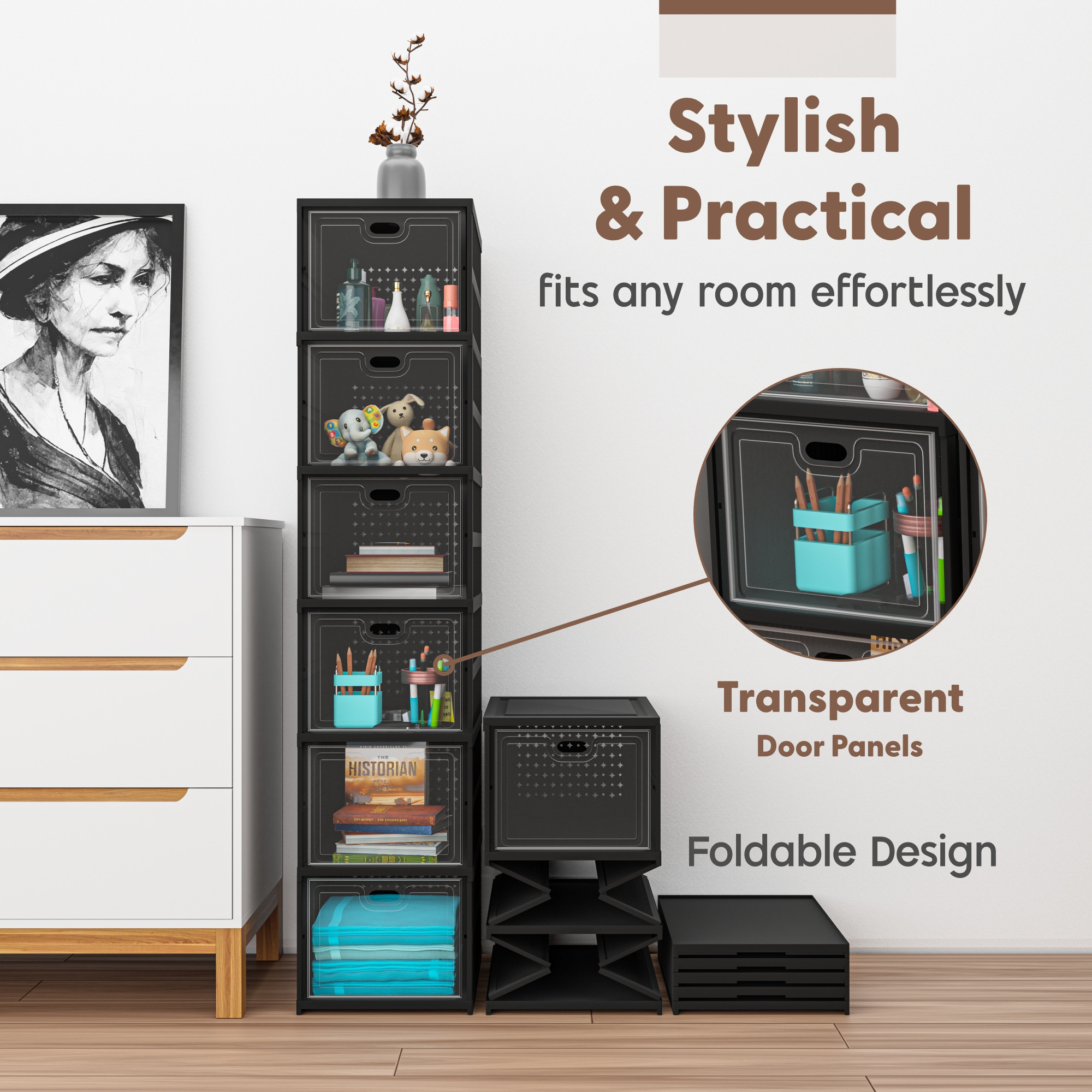 Kuber Industries  Transparent Plastic Collapsible Space Saving ClosetCabinet  Makeup Cosmetics Books  Stationary Organizer Storage Boxes for Home OfficeHostelUse  Black