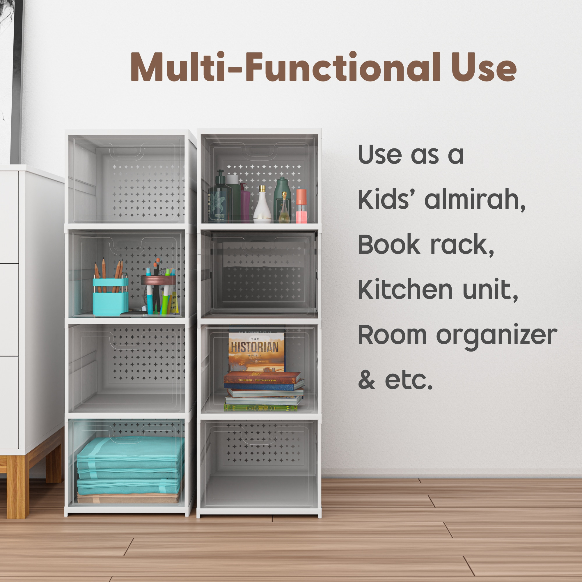 Kuber Industries  Transparent Plastic Collapsible Space Saving ClosetCabinet  Makeup Cosmetics Books  Stationary Organizer Storage Boxes for Home OfficeHostelUse  White