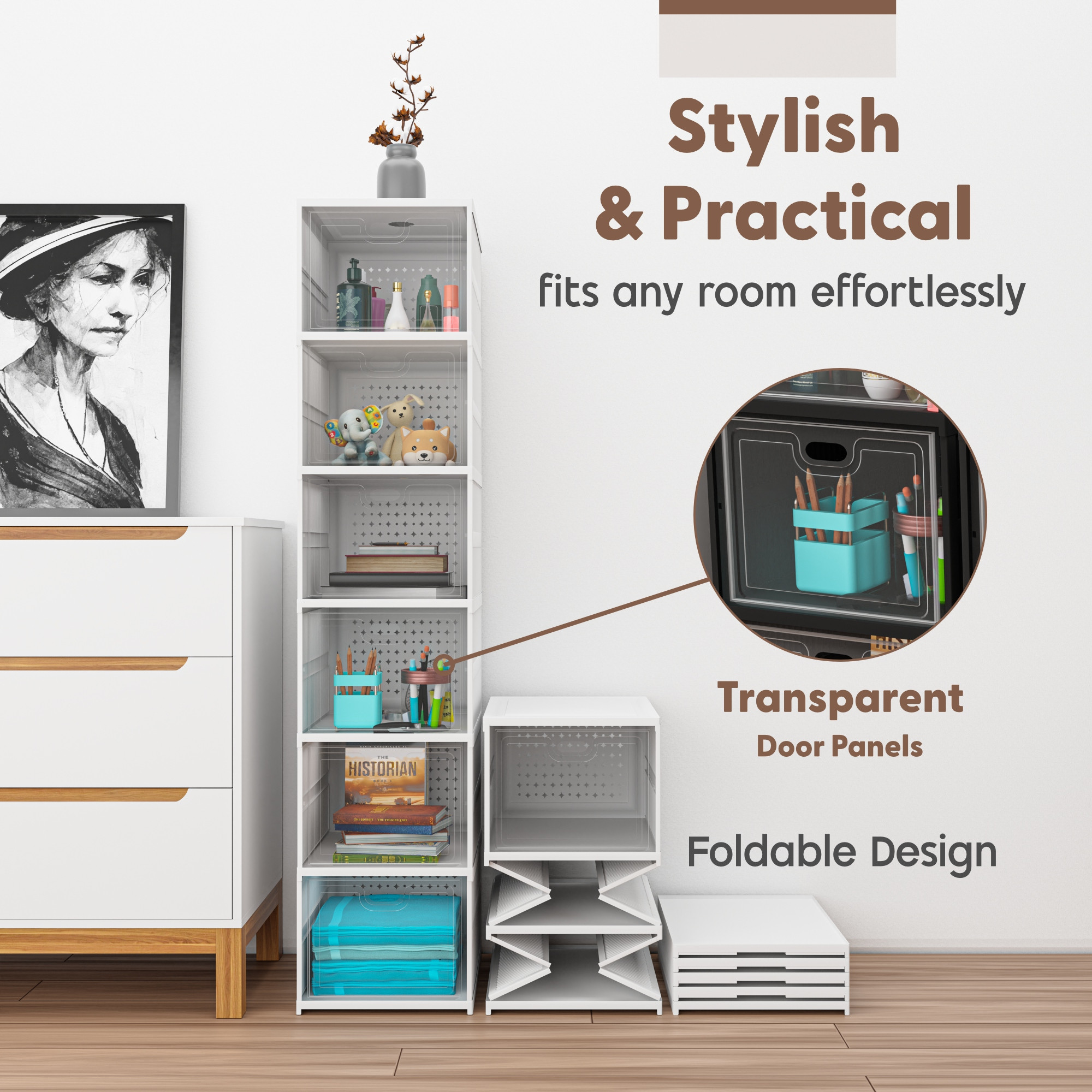 Kuber Industries  Transparent Plastic Collapsible Space Saving ClosetCabinet  Makeup Cosmetics Books  Stationary Organizer Storage Boxes for Home OfficeHostelUse  White