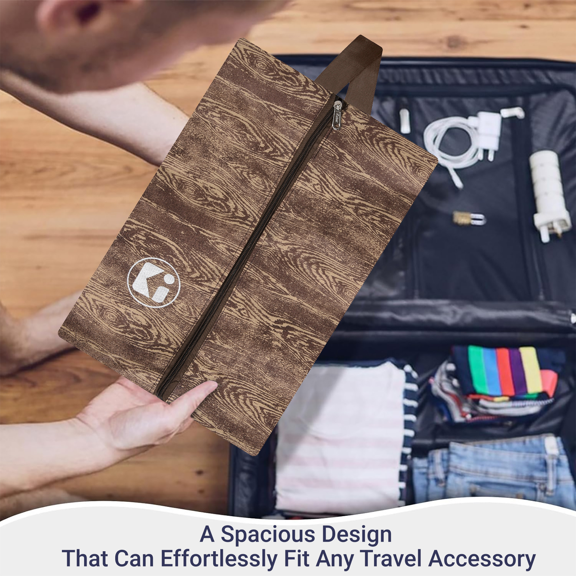 Kuber Industries  Travel Organizer  Travel Shoe Carrying Bag  Toiletry Pouch with Chain  Shoe Cover for Travel-Hiking-Adventure  Multipurpose Storage Organizer Bag  Wooden-Print  Brown