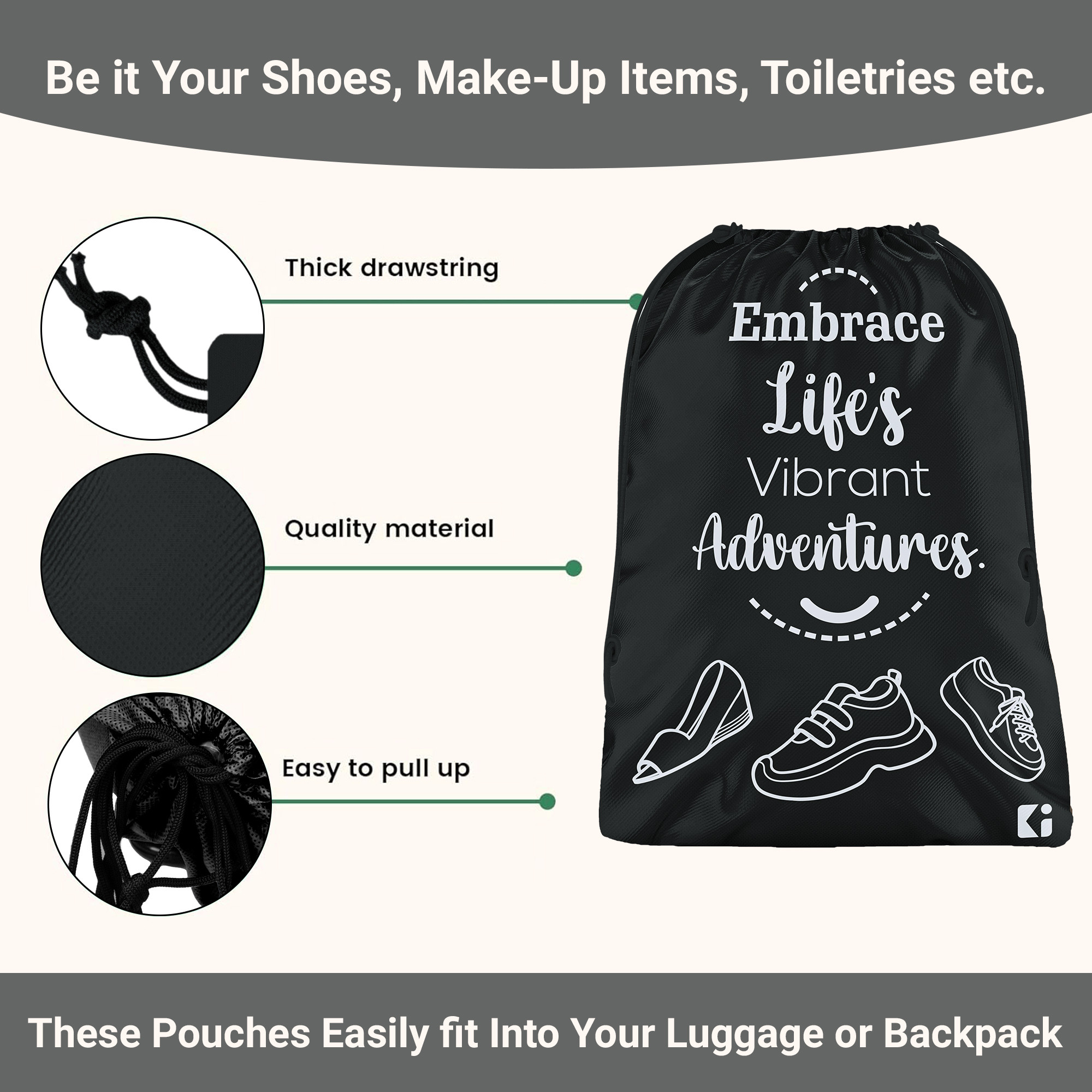 Kuber Industries  Travel Packing Bags for Clothes    Travel Pouches  Shoe  Slippers Organizer  Organizer Bags for Travel-Hiking-Adventure  Toiletry Organizer  Black