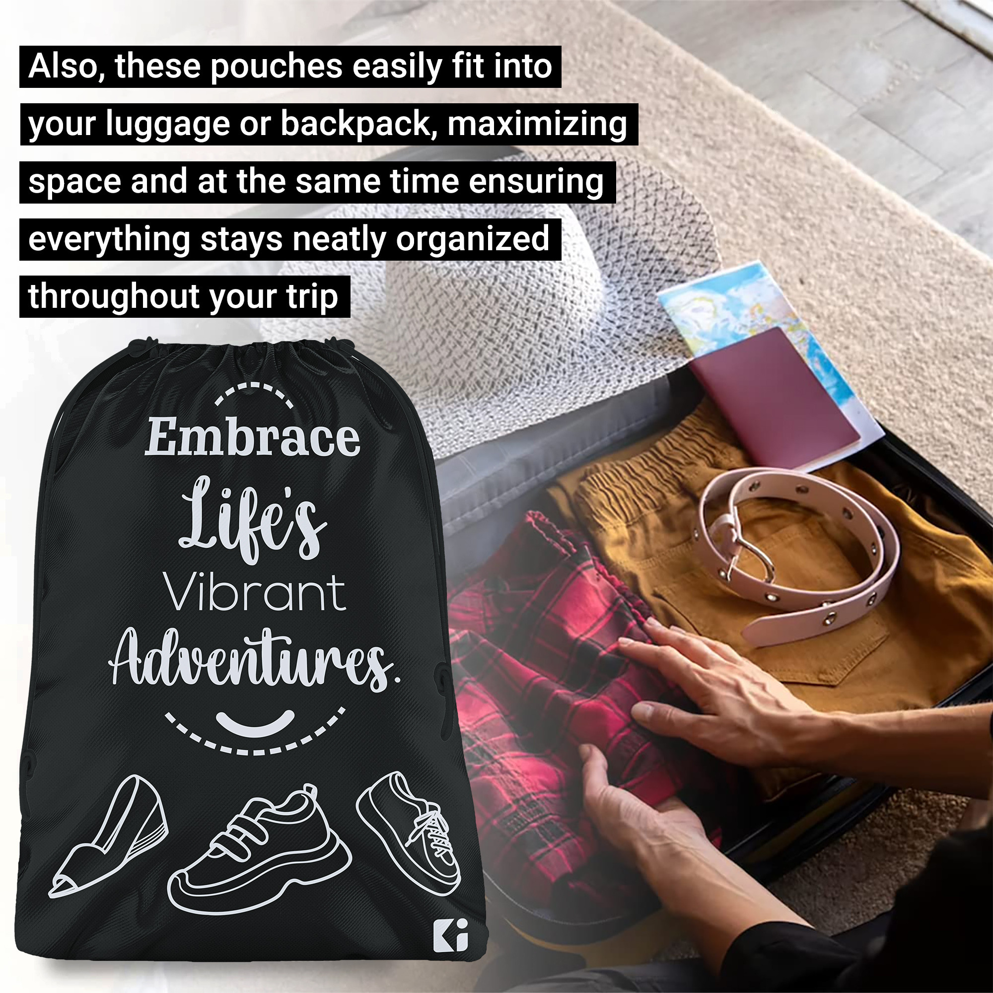 Kuber Industries  Travel Packing Bags for Clothes    Travel Pouches  Shoe  Slippers Organizer  Organizer Bags for Travel-Hiking-Adventure  Toiletry Organizer  Black