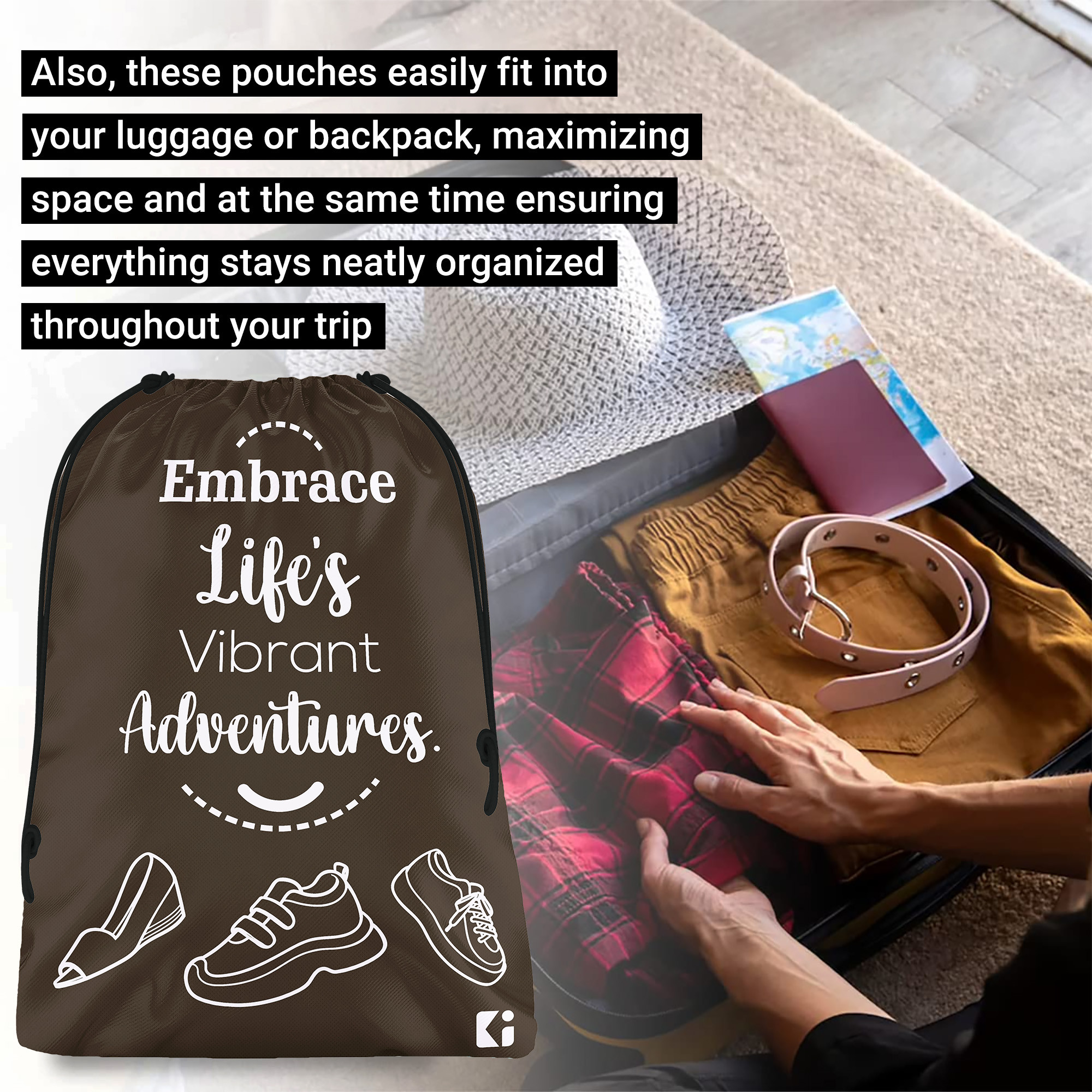 Kuber Industries  Travel Packing Bags for Clothes    Travel Pouches  Shoe  Slippers Organizer  Organizer Bags for Travel-Hiking-Adventure  Toiletry Organizer  Brown