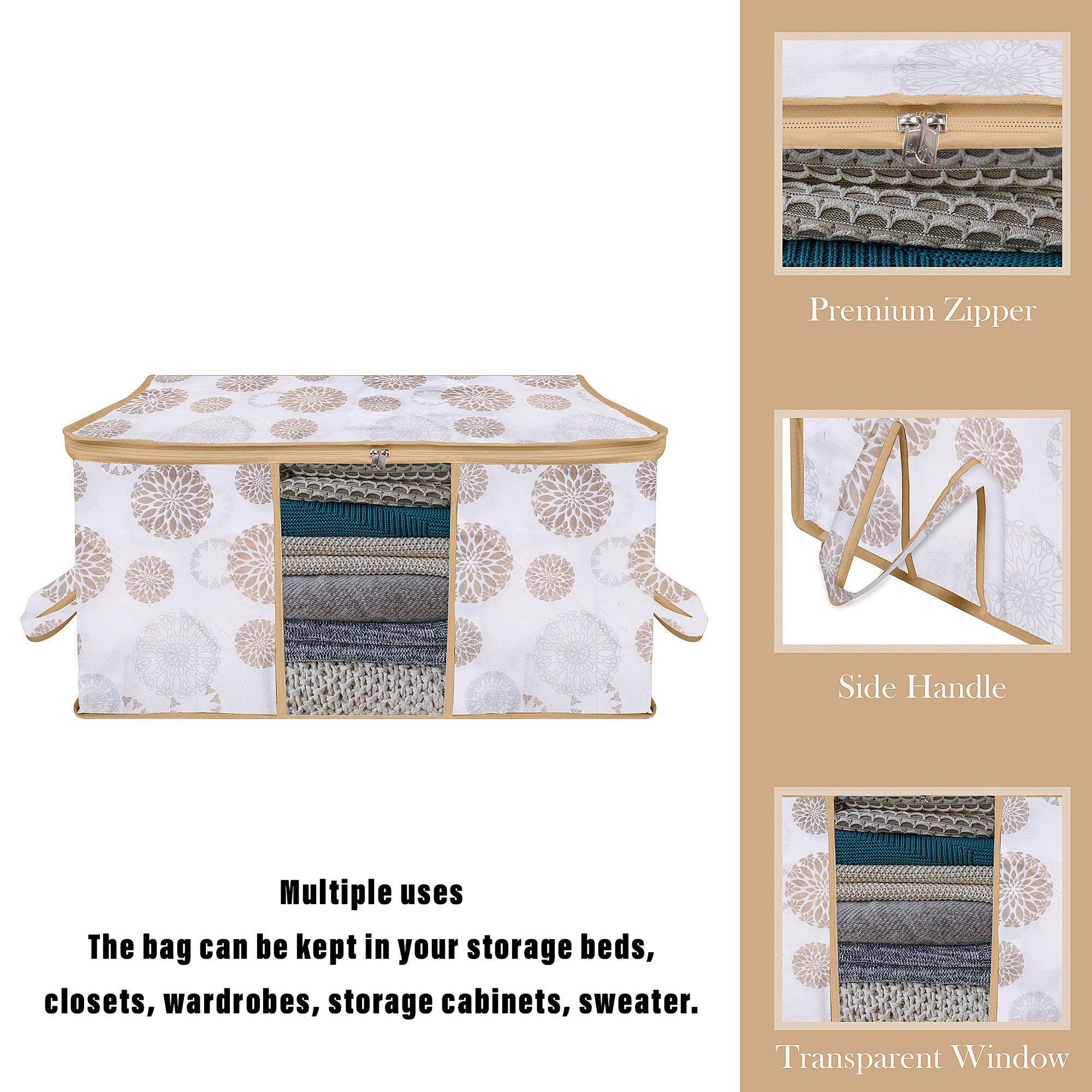 Kuber Industries  Underbed Storage Bag  Clothes Storage Organizer  Visible Window Wardrobe Bag  Closet Organization with Handle  Zipper Clothes Bag  Gola-Print  White