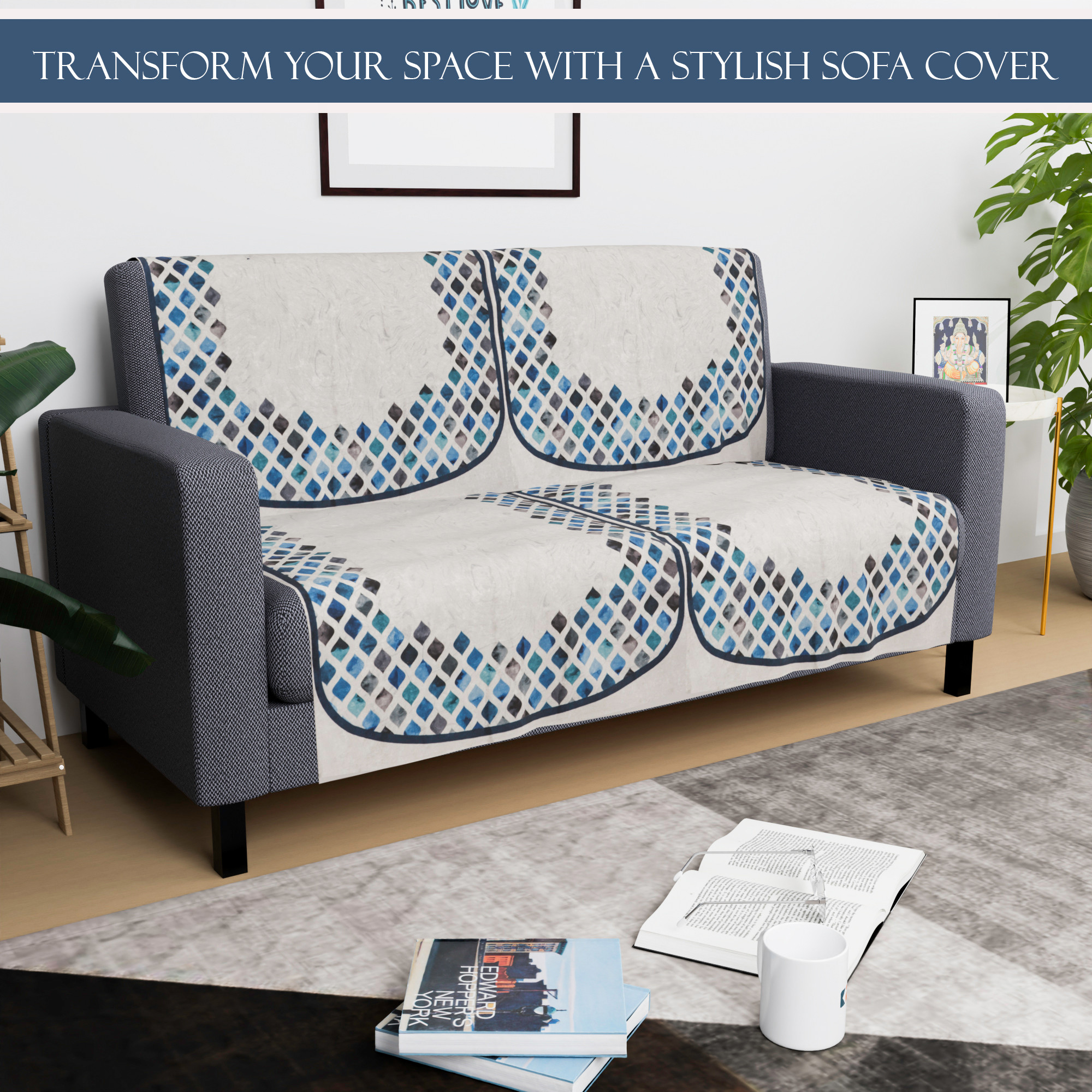 Kuber Industries  Velvet  Sofa Covers for Living Room  Easy Machine Washable Sofe ke cover for Home Comfort  Dot Border - Grey  Blue