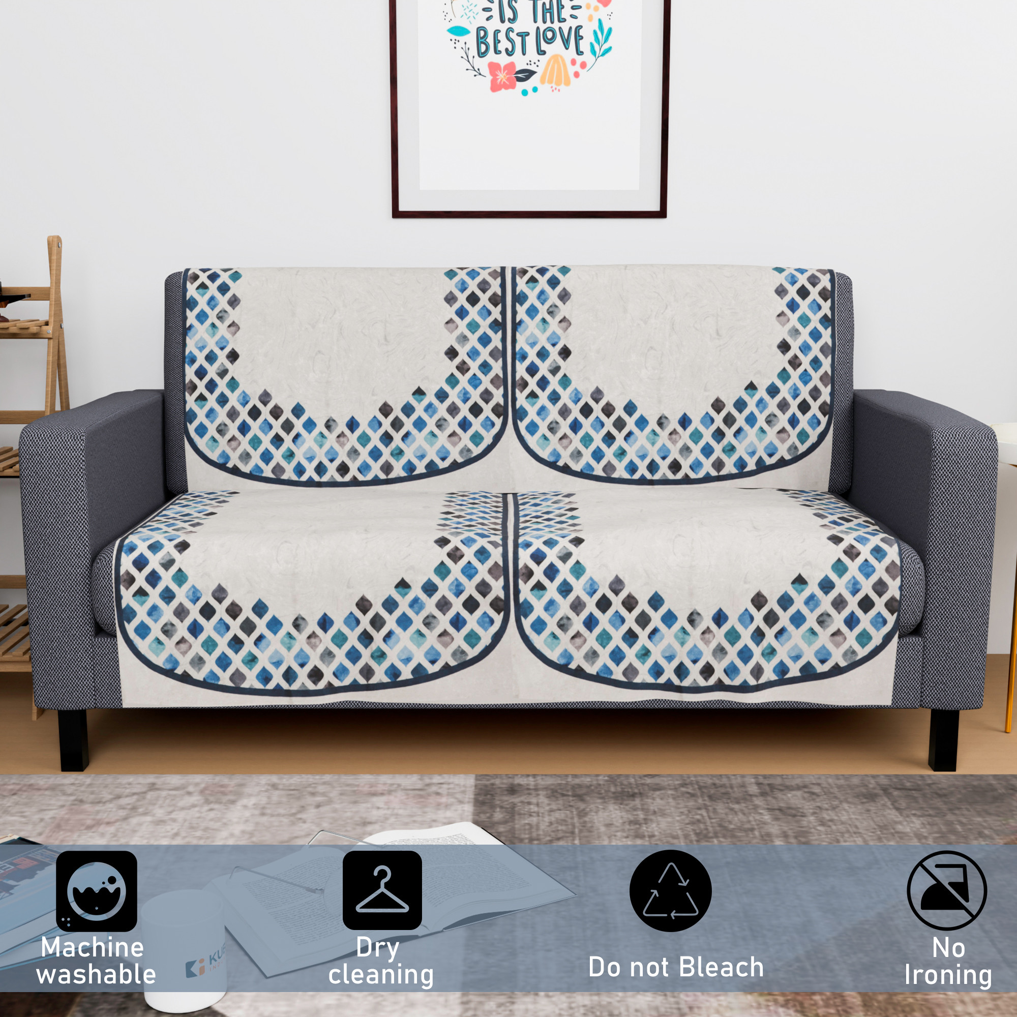 Kuber Industries  Velvet  Sofa Covers for Living Room  Easy Machine Washable Sofe ke cover for Home Comfort  Dot Border - Grey  Blue