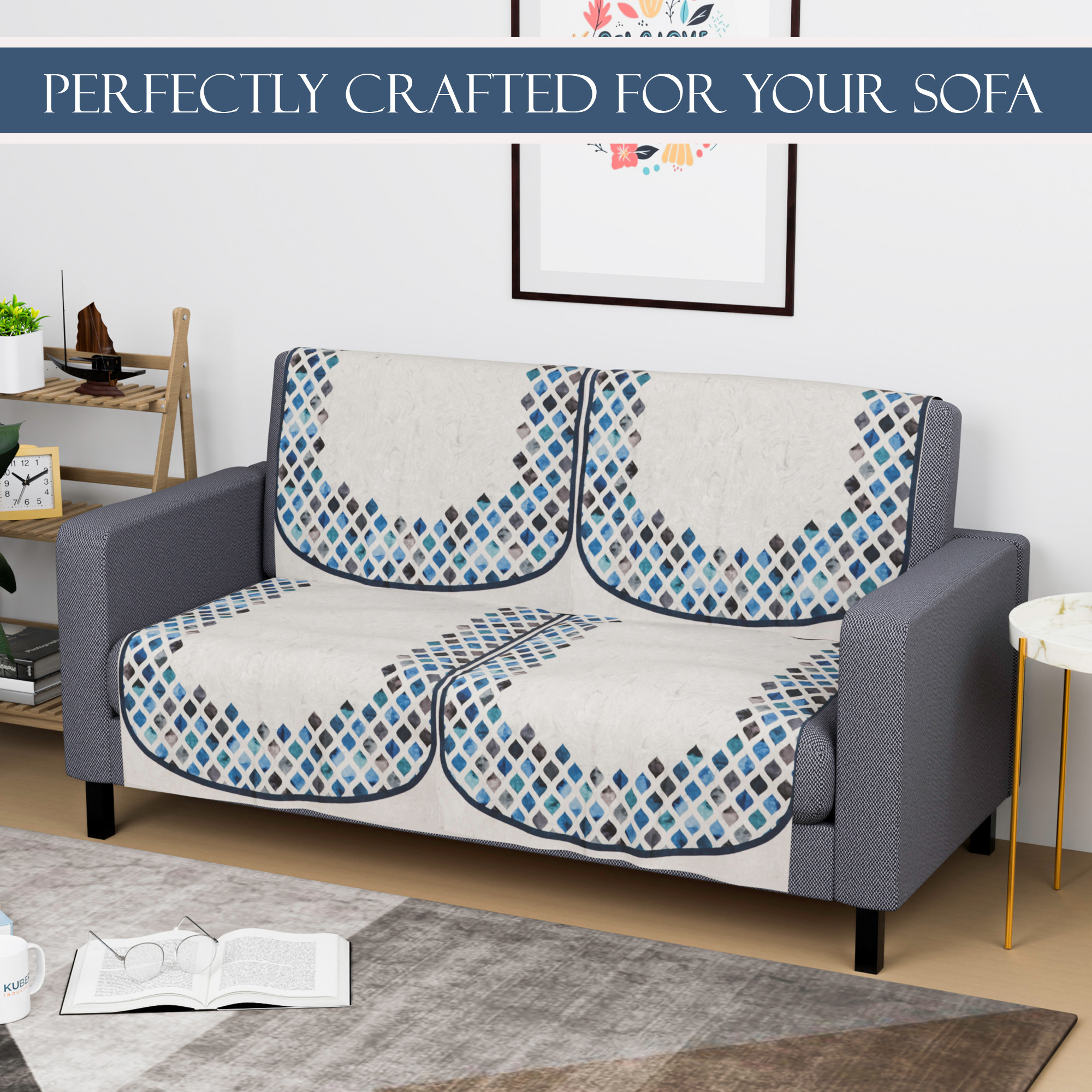 Kuber Industries  Velvet  Sofa Covers for Living Room  Easy Machine Washable Sofe ke cover for Home Comfort  Dot Border - Grey  Blue