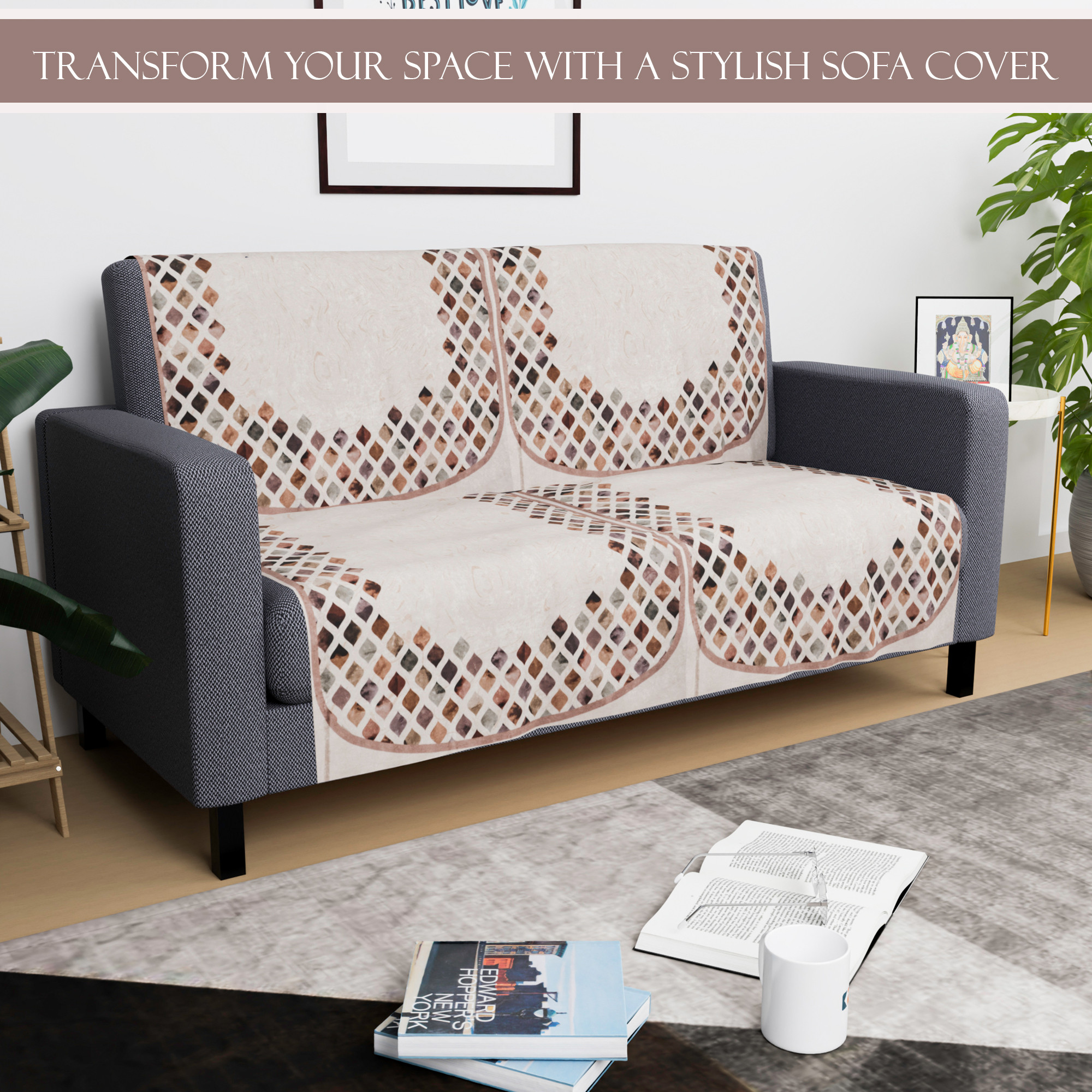 Kuber Industries  Velvet  Sofa Covers for Living Room  Easy Machine Washable Sofe ke cover for Home Comfort  Dot Border - Cream  Brown