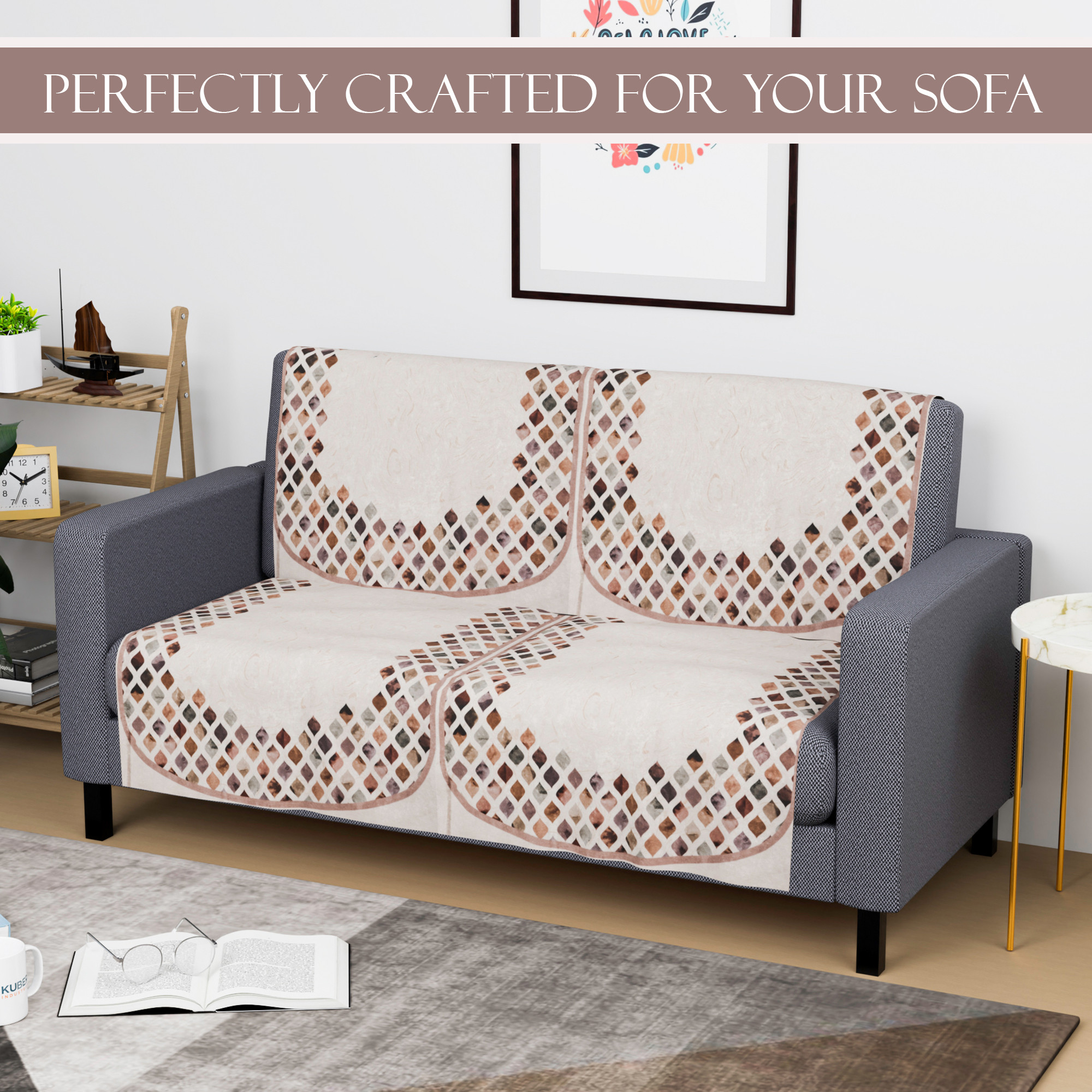 Kuber Industries  Velvet  Sofa Covers for Living Room  Easy Machine Washable Sofe ke cover for Home Comfort  Dot Border - Cream  Brown