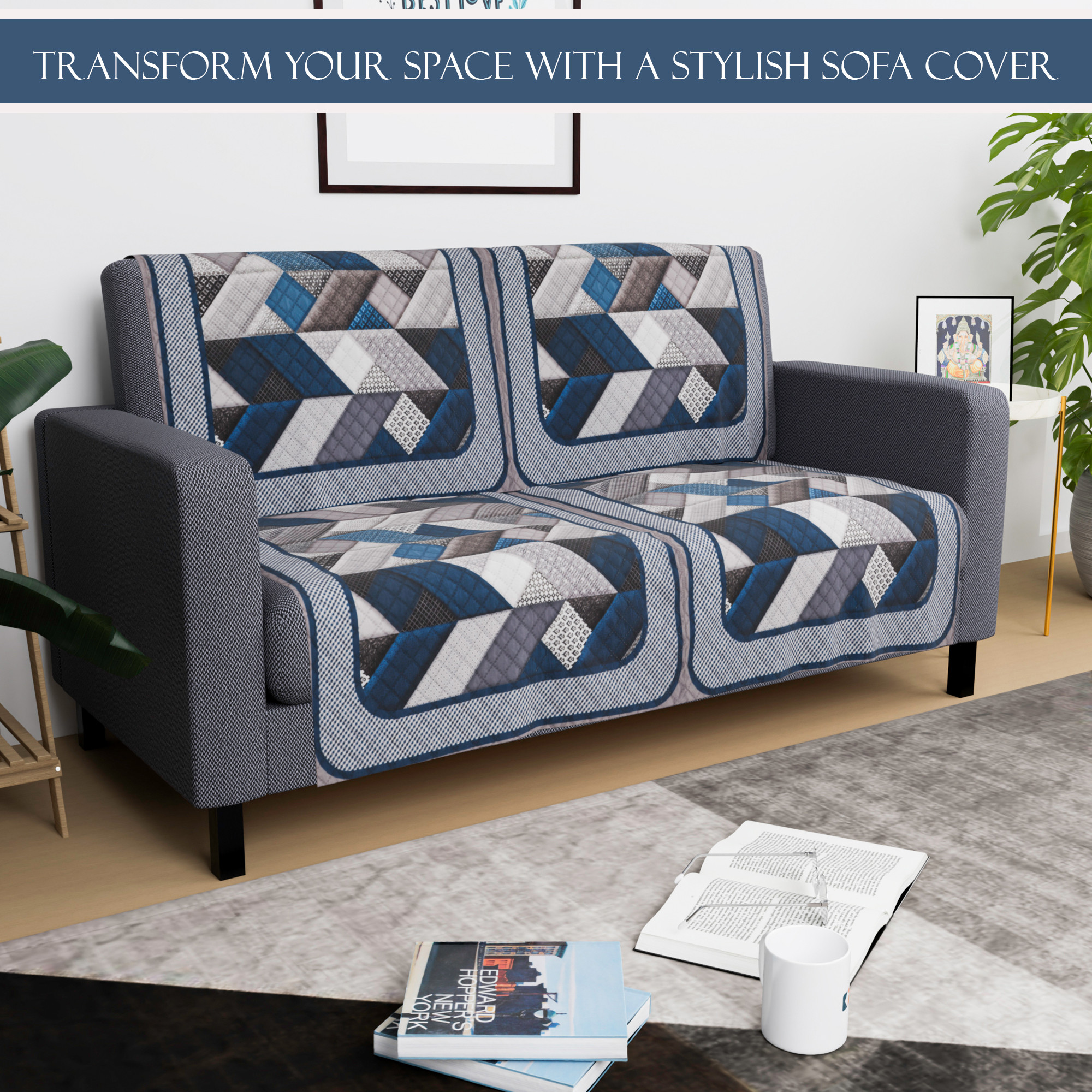Kuber Industries  Velvet  Sofa Covers for Living Room  Easy Machine Washable Sofe ke cover for Home Comfort  Triangular-Grey  Blue