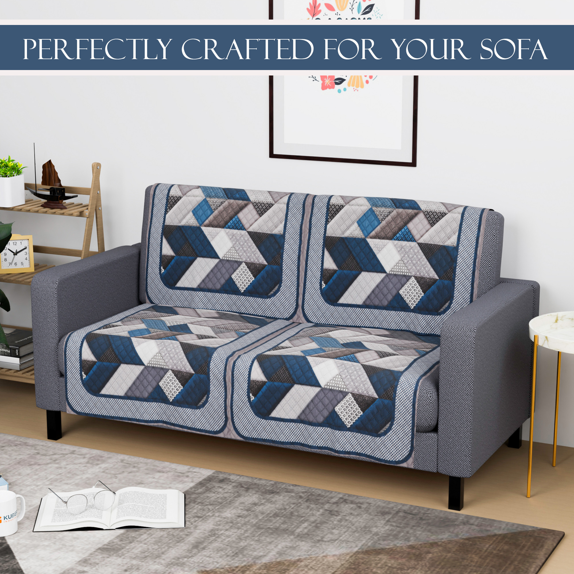 Kuber Industries  Velvet  Sofa Covers for Living Room  Easy Machine Washable Sofe ke cover for Home Comfort  Triangular-Grey  Blue