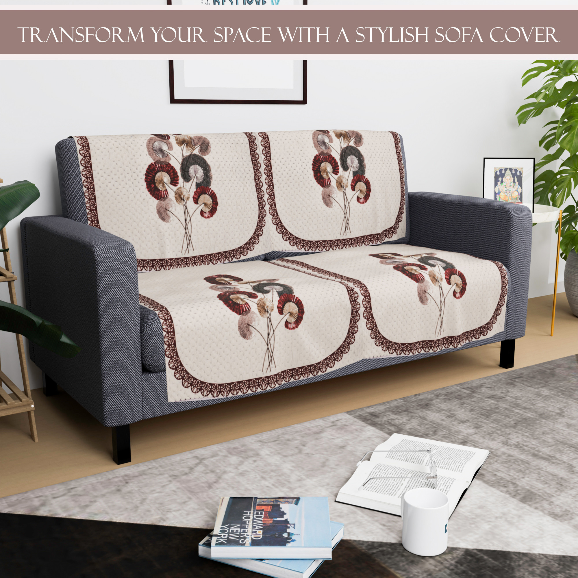 Kuber Industries  Velvet  Sofa Covers for Living Room  Easy Machine Washable Sofe ke cover for Home Comfort  Digital Flower-Cream  Brown