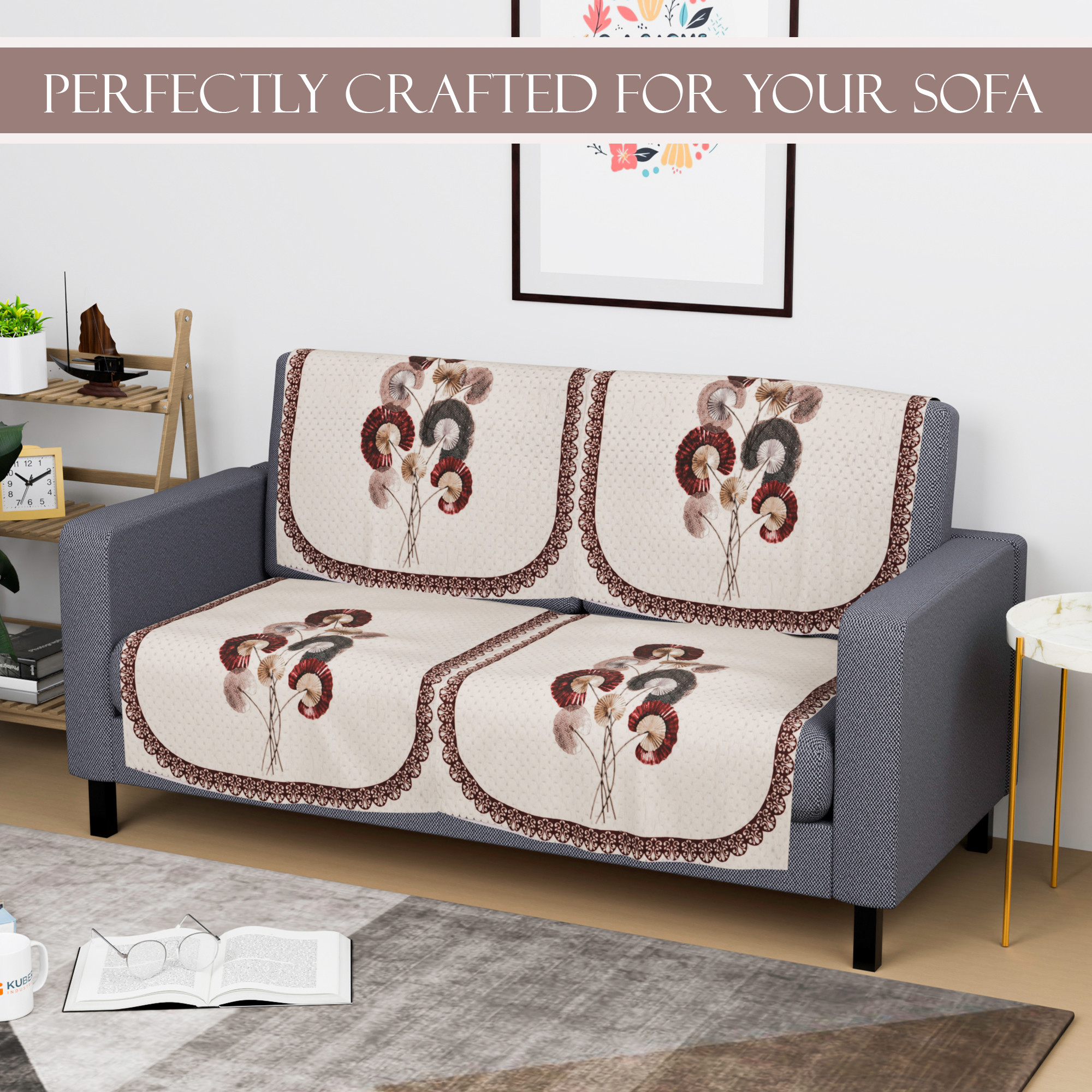 Kuber Industries  Velvet  Sofa Covers for Living Room  Easy Machine Washable Sofe ke cover for Home Comfort  Digital Flower-Cream  Brown