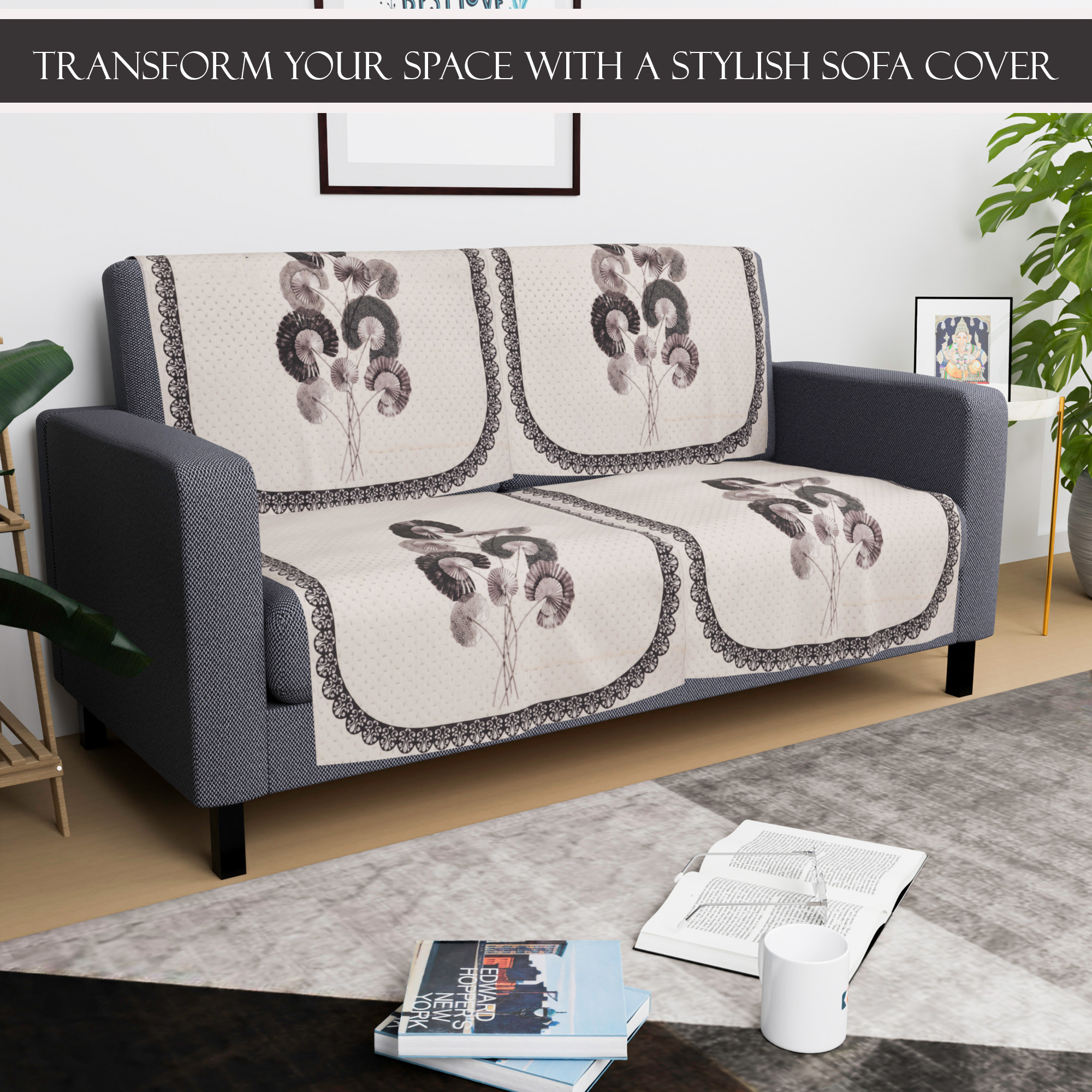 Kuber Industries  Velvet  Sofa Covers for Living Room  Easy Machine Washable Sofe ke cover for Home Comfort  Digital Flower-Cream  Green