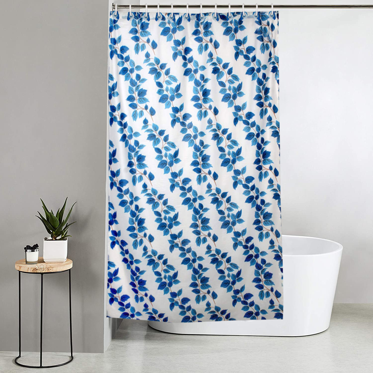 Kuber Industries 0.20mm Leaf Printed Stain Resistant, No Odor, Waterproof PVC AC Curtain With Hooks,7 Feet (Blue)