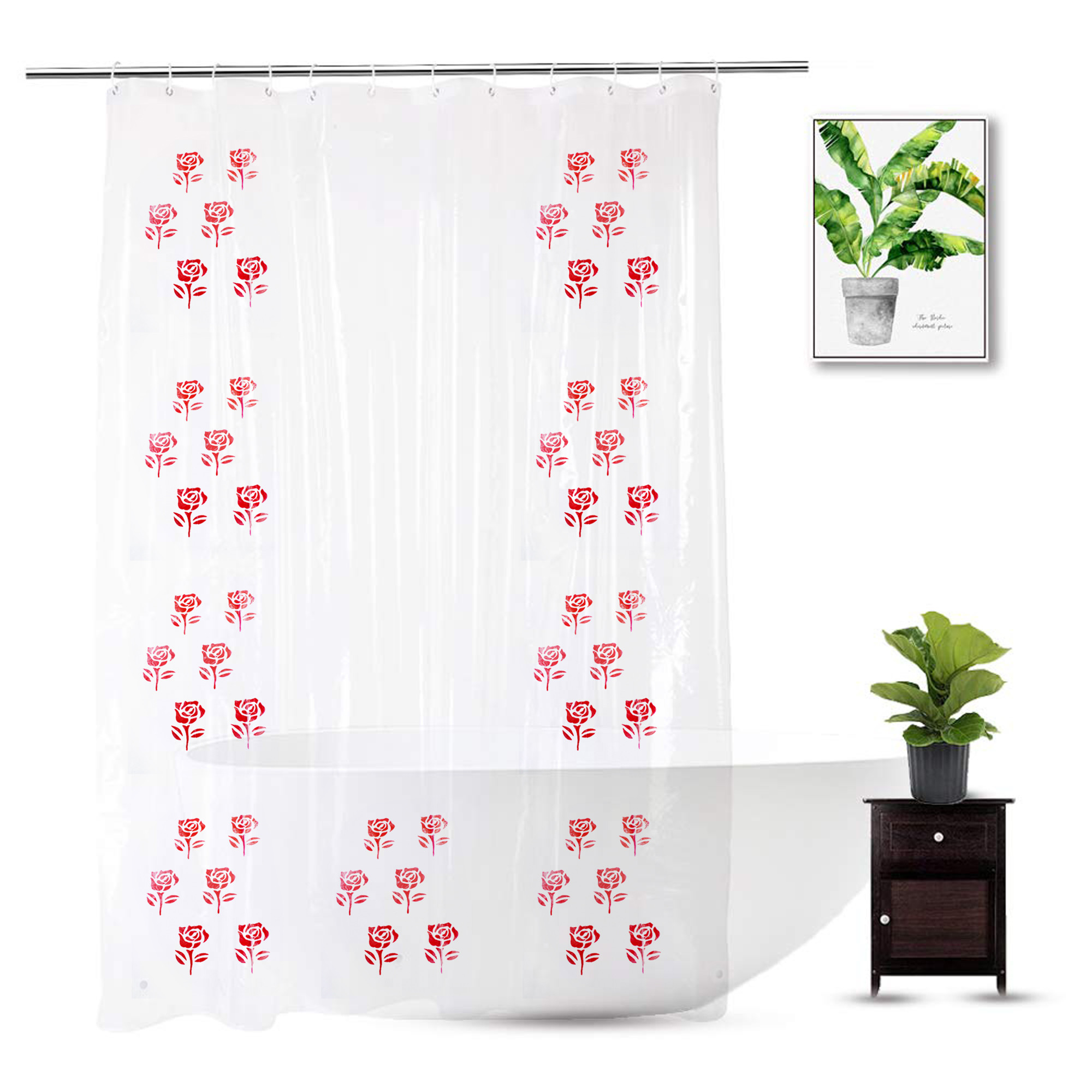 Kuber Industries 0.30mm Flower Printed Stain Resistant, No Odor, Waterproof PVC AC/Shower Curtain With Hooks,7 Feet (Transparent)