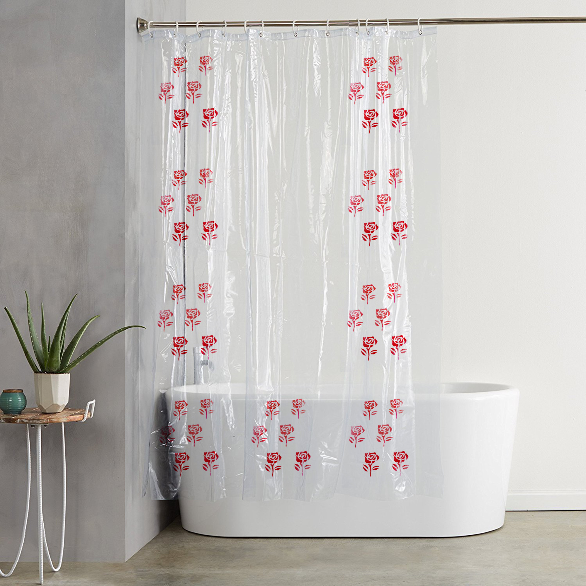 Kuber Industries 0.30mm Flower Printed Stain Resistant, No Odor, Waterproof PVC AC/Shower Curtain With Hooks,7 Feet (Transparent)