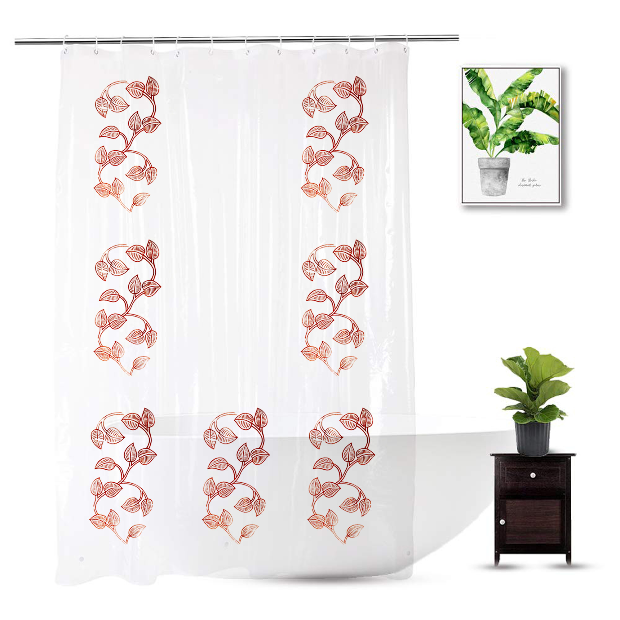 Kuber Industries 0.30mm Leaf Printed Stain Resistant, No Odor, Waterproof PVC AC/Shower Curtain With Hooks,7 Feet (Transparent)