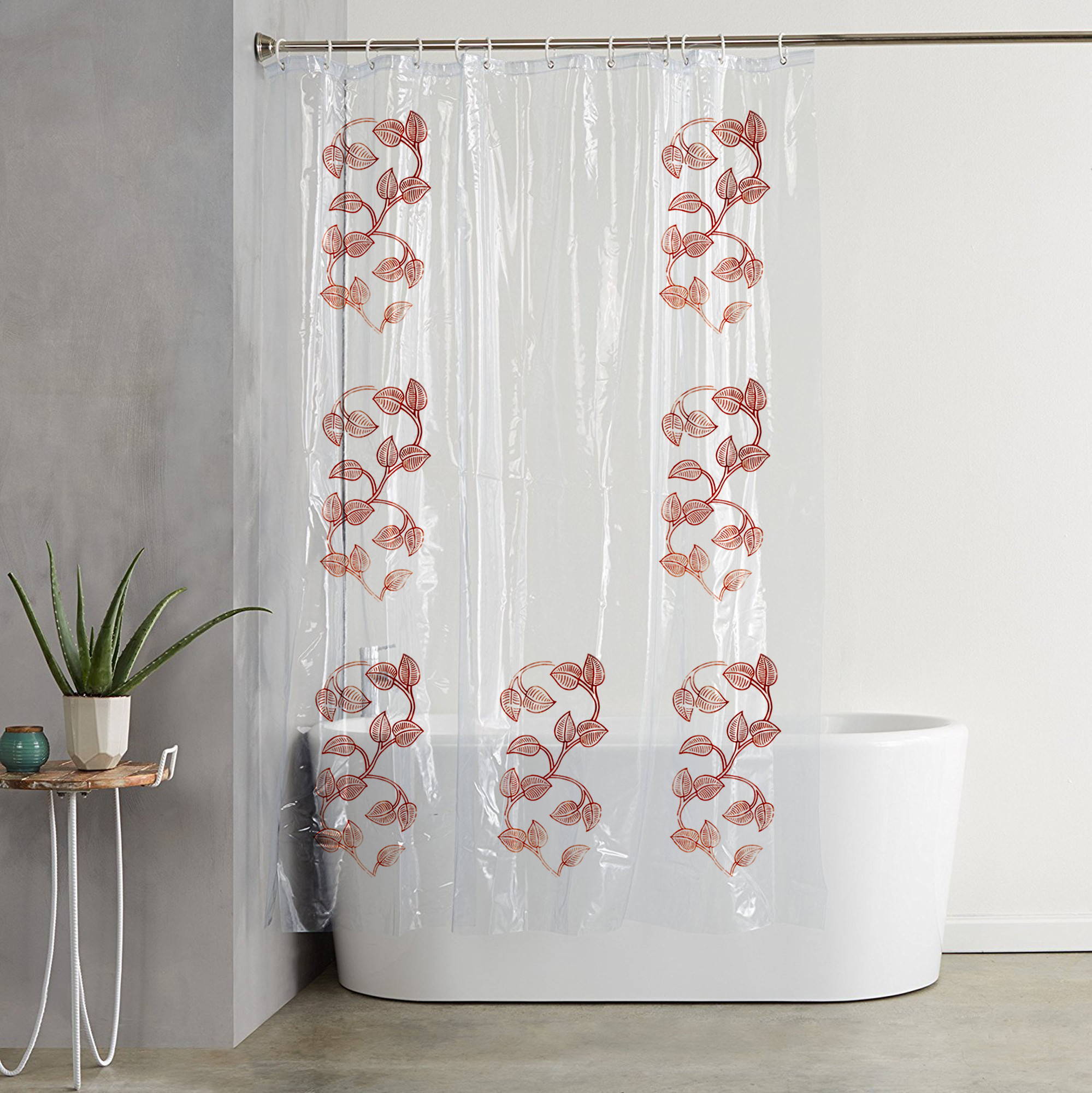 Kuber Industries 0.30mm Leaf Printed Stain Resistant, No Odor, Waterproof PVC AC/Shower Curtain With Hooks,7 Feet (Transparent)