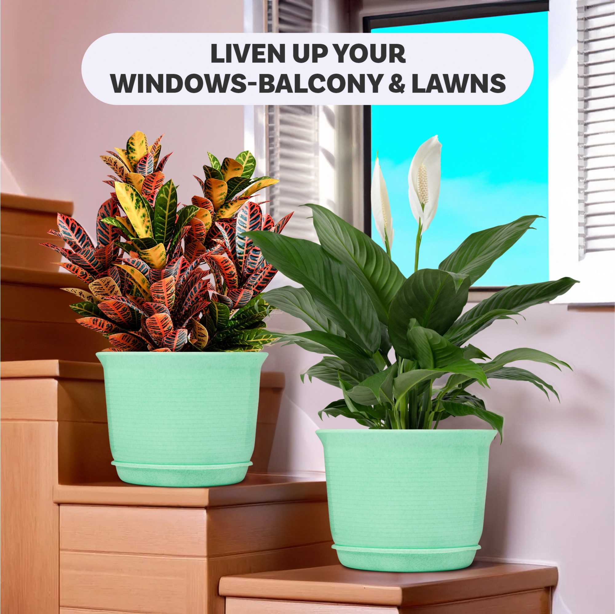 Kuber Industries 10 Inch Marble Sawera Design Flower Plant Pot with Plate for Home Kitchen  Garden  Stylish Pots for Plants Balcony  Ideal for Home Decor  Office Spaces  Green