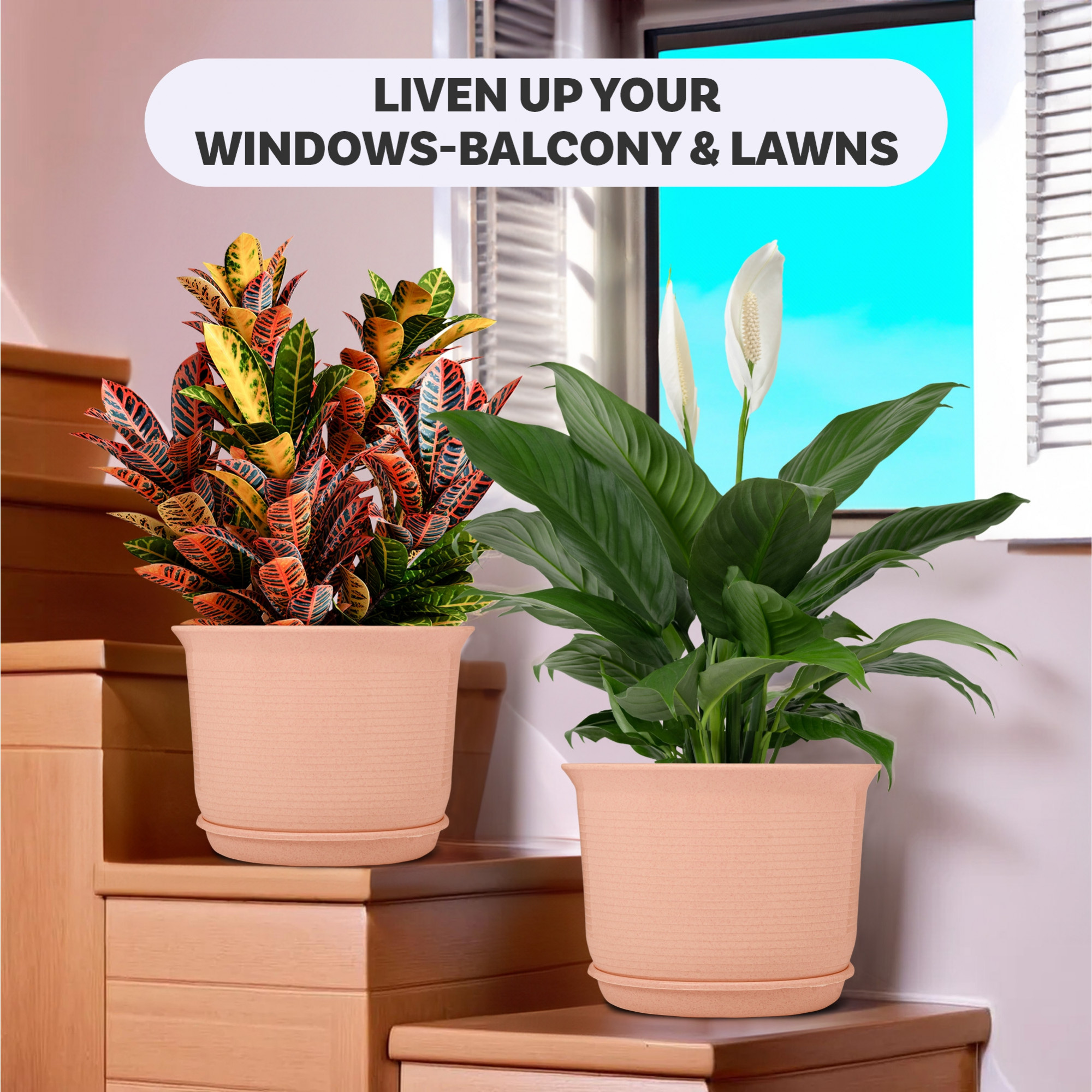 Kuber Industries 10 Inch Marble Sawera Design Flower Plant Pot with Plate for Home Kitchen  Garden  Stylish Pots for Plants Balcony  Ideal for Home Decor  Office Spaces  Peach