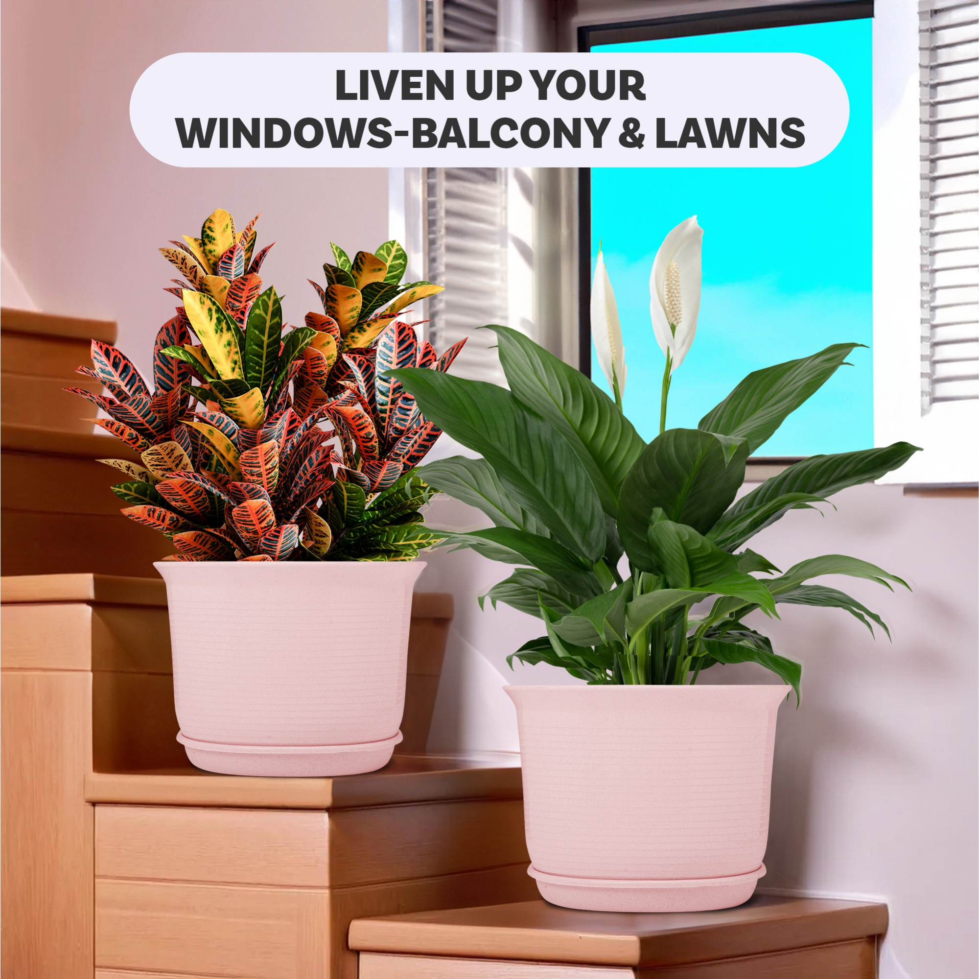 Kuber Industries 10 Inch Marble Sawera Design Flower Plant Pot with Plate for Home Kitchen  Garden  Stylish Pots for Plants Balcony  Ideal for Home Decor  Office Spaces  Pink