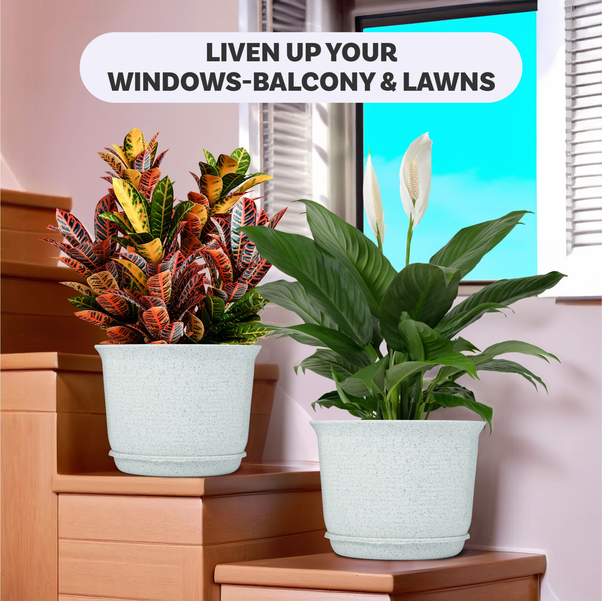 Kuber Industries 10 Inch Marble Sawera Design Flower Plant Pot with Plate for Home Kitchen  Garden  Stylish Pots for Plants Balcony  Ideal for Home Decor  Office Spaces  White