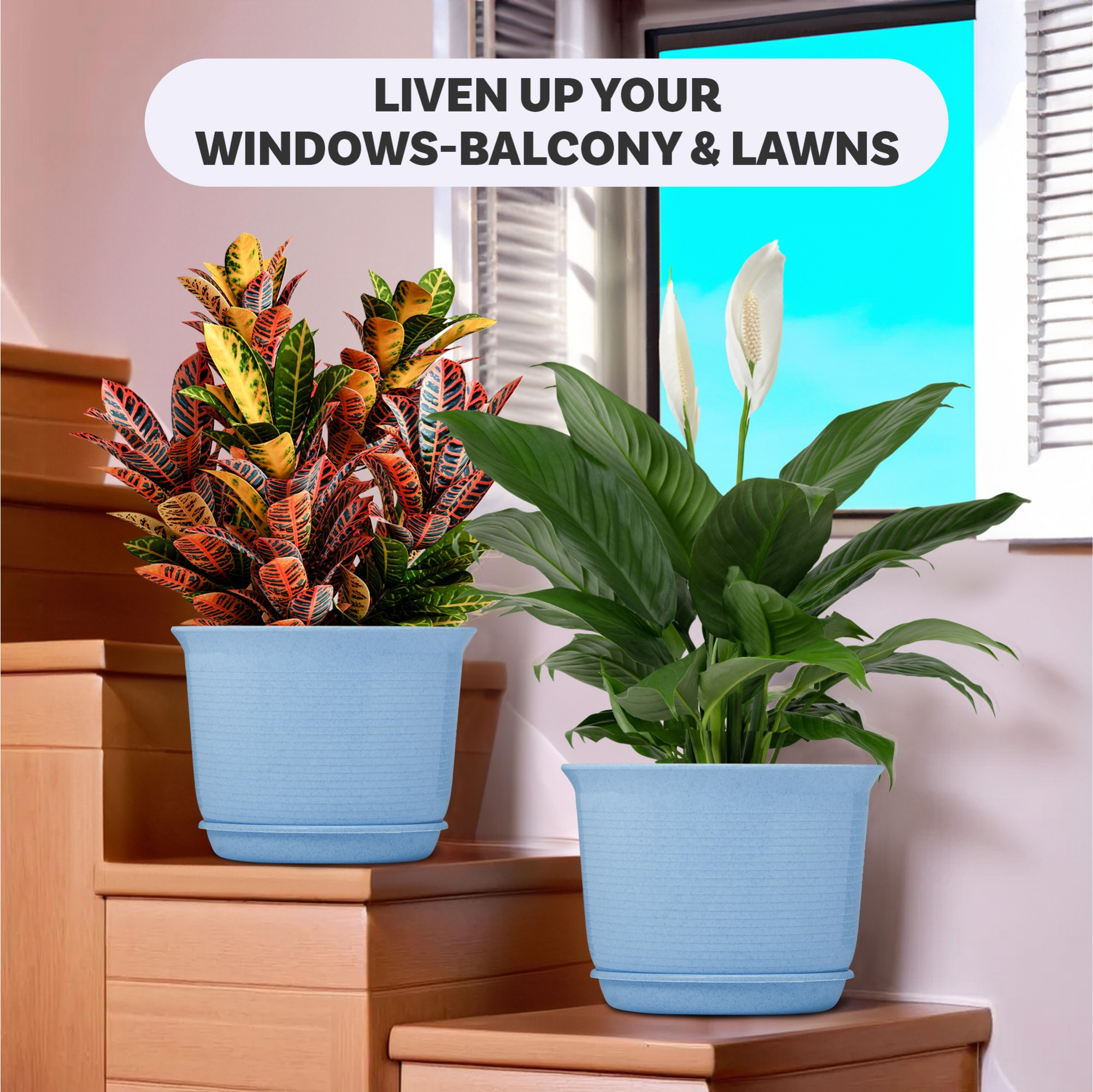 Kuber Industries 10 Inch Marble Sawera Design Flower Plant Pot with Plate for Home Kitchen  Garden  Stylish Pots for Plants Balcony  Ideal for Home Decor  Office Spaces  Blue