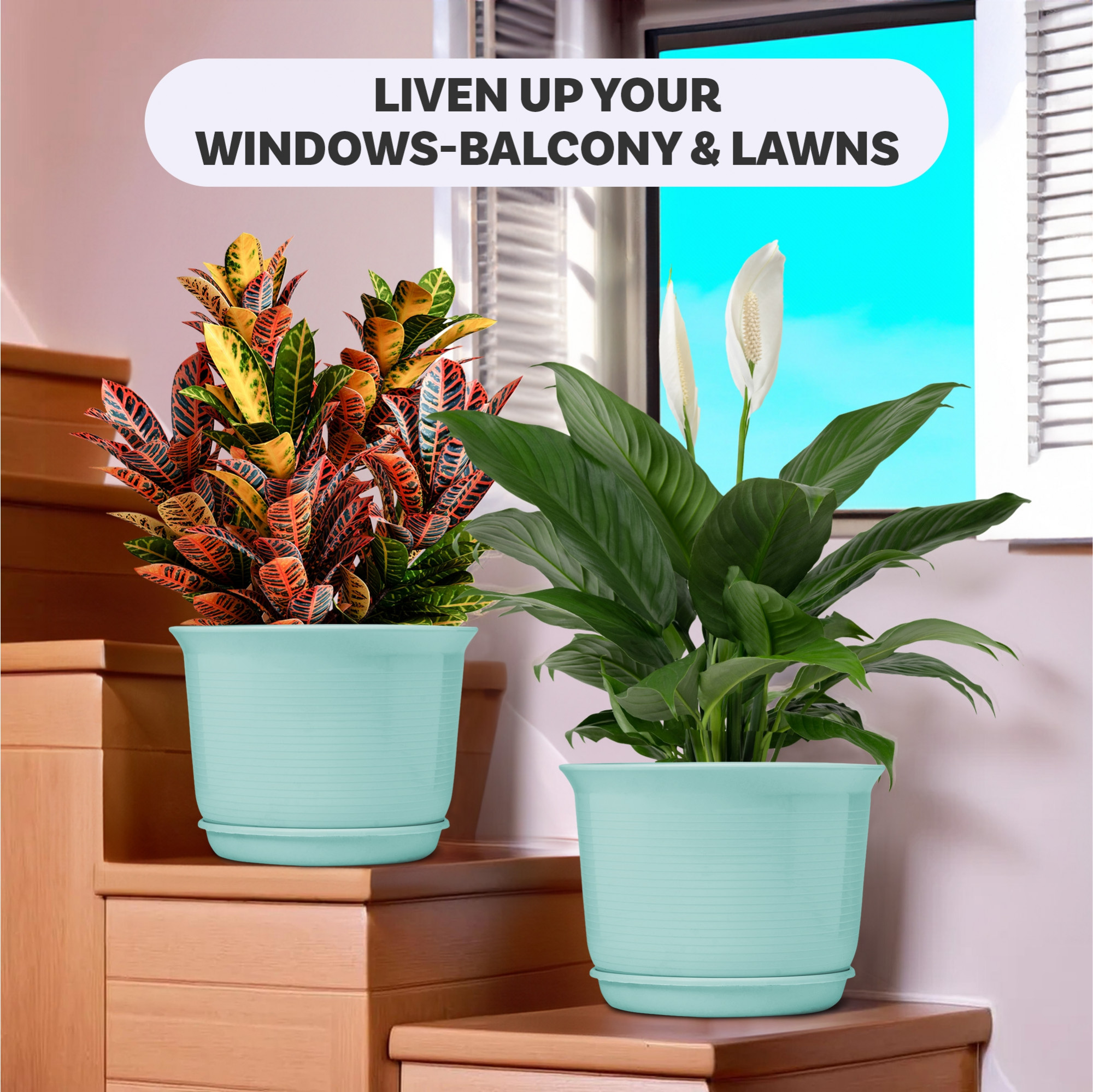 Kuber Industries 10 Inch Plain Sawera Design Flower Plant Pot with Plate for Home Kitchen  Garden  Stylish Pots for Plants Balcony  Ideal for Home Decor  Office Spaces  Sky Blue