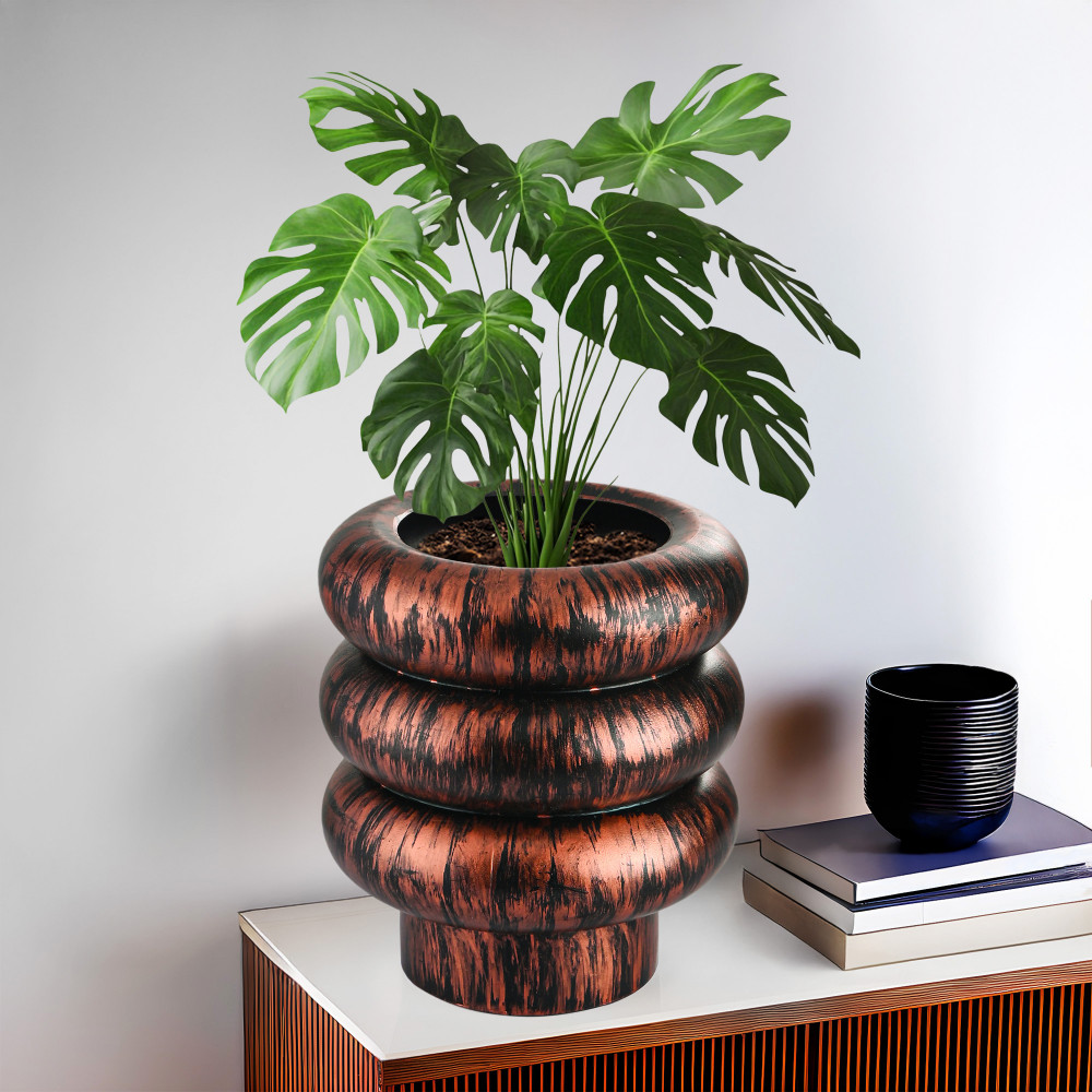 Image of Kuber Industries 10 Inch Plastic Wooden Texture Pots for Plants Balcony and Living Room | Flower Pots for Garden | Decorative Planters for Home Decor, Outdoor Indoor Plants and Office | Rust Ring