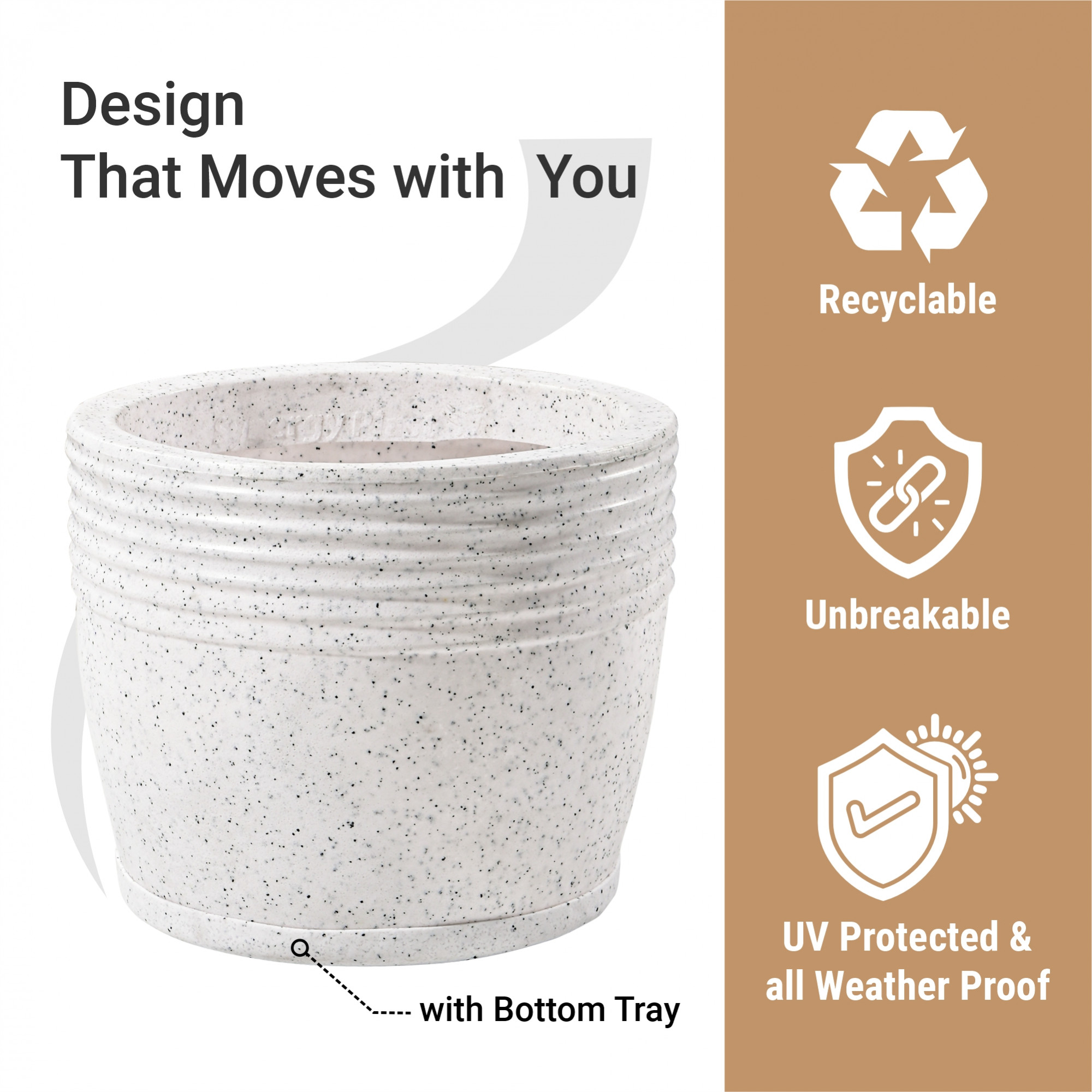 Kuber Industries 10-Inch Roto Mould German Polymer Big Size Flower Pot with Bottom Tray  IndoorOutdoor Tree Gamla Planter for Resorts Hotels Terrace  Garden  Marble Sunshine - White