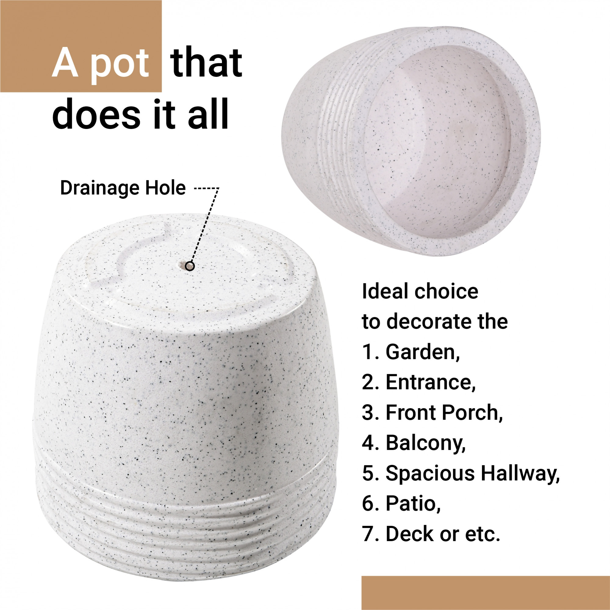 Kuber Industries 10-Inch Roto Mould German Polymer Big Size Flower Pot with Bottom Tray  IndoorOutdoor Tree Gamla Planter for Resorts Hotels Terrace  Garden  Marble Sunshine - White