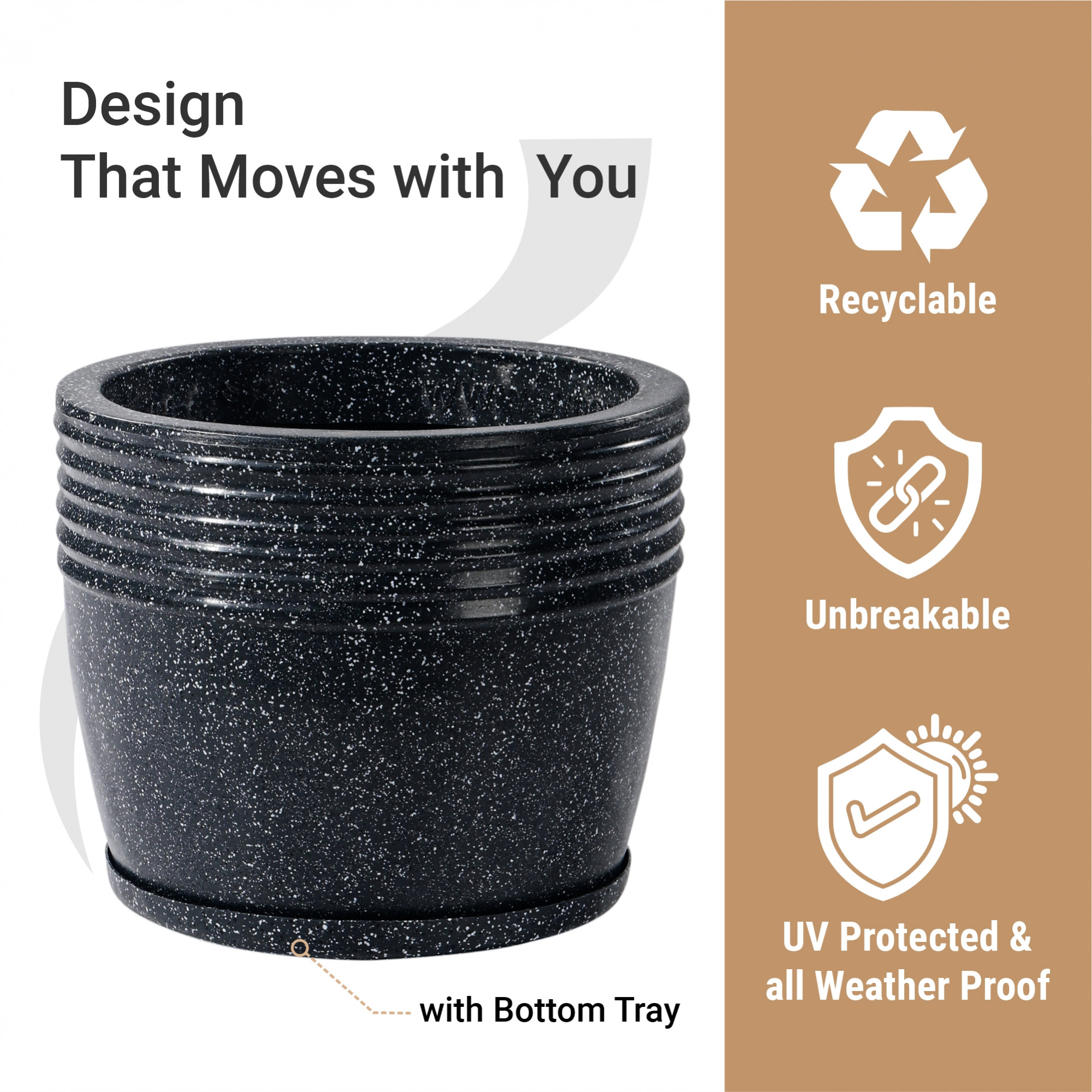 Kuber Industries 10-Inch Roto Mould German Polymer Big Size Flower Pot with Bottom Tray  IndoorOutdoor Tree Gamla Planter for Resorts Hotels Terrace  Garden  Marble Sunshine - Black